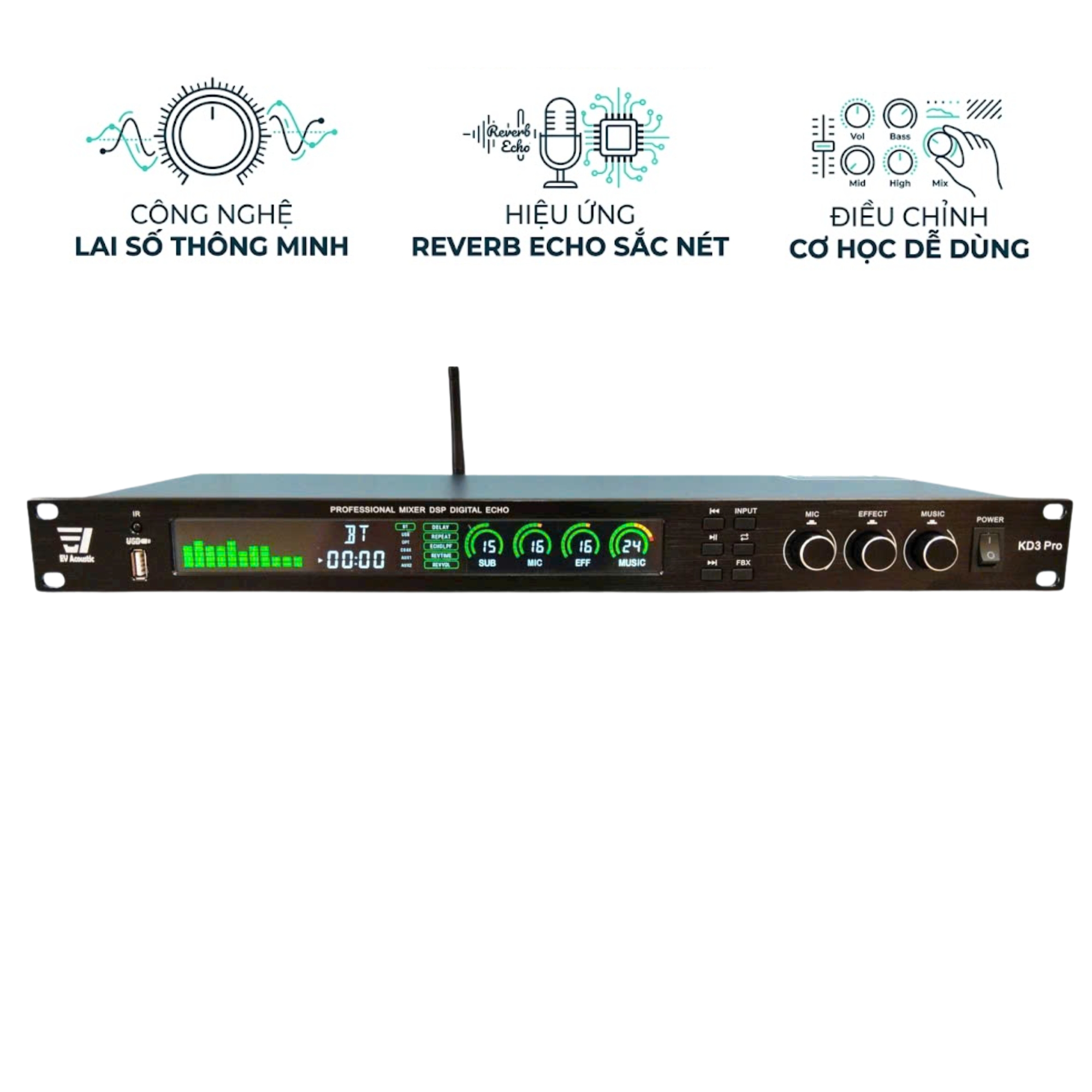 Vang Cơ Lai Số EV Acoustic KD3 Pro - Chống Hú, Bluetooth, Cổng Quang