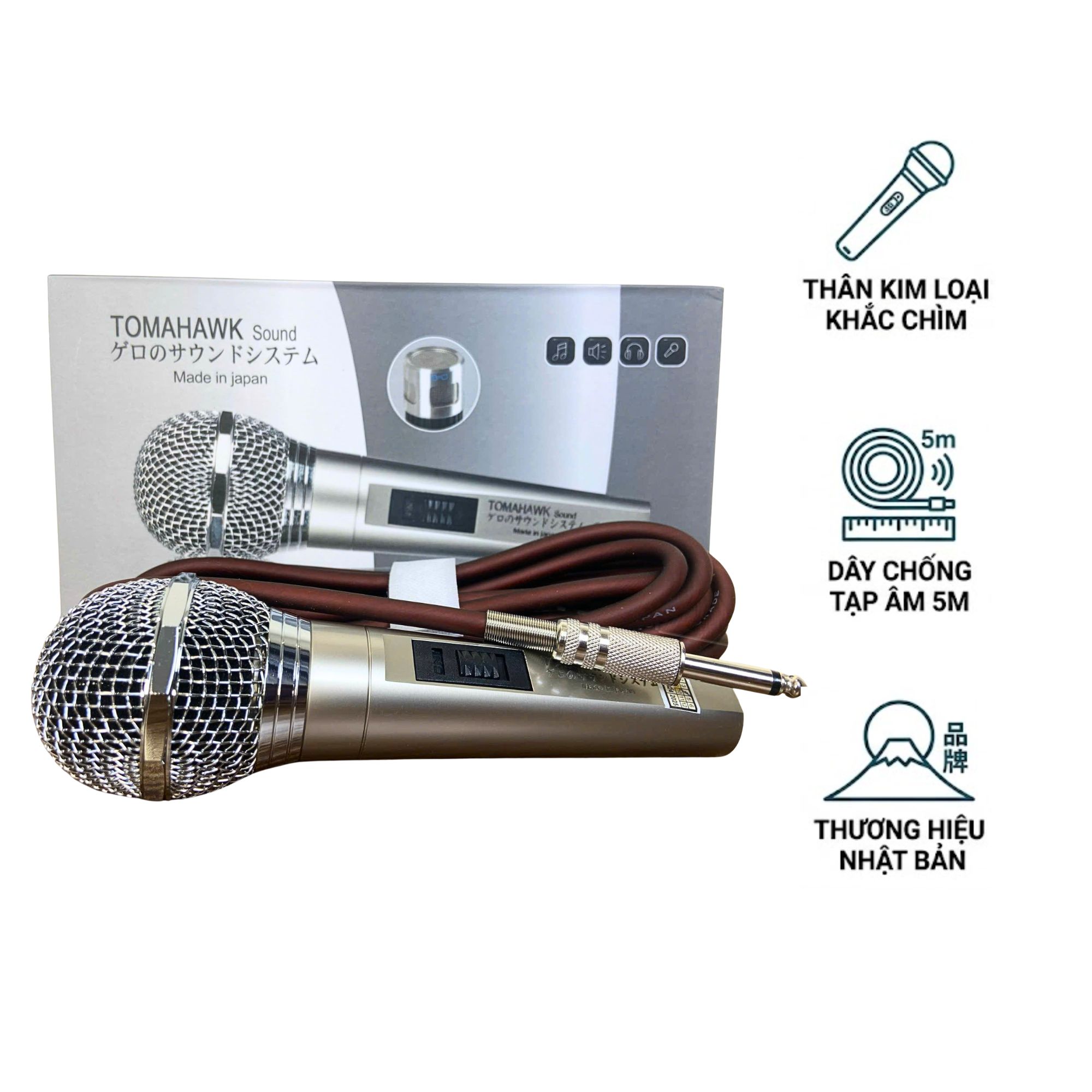 Micro Có Dây Tomahawk Nhật Bản | Jack 6.5mm | Dây Dài 5m | Vỏ Kim Loại Nguyên Khối | Micro Karaoke Hát Hay Chống Hú