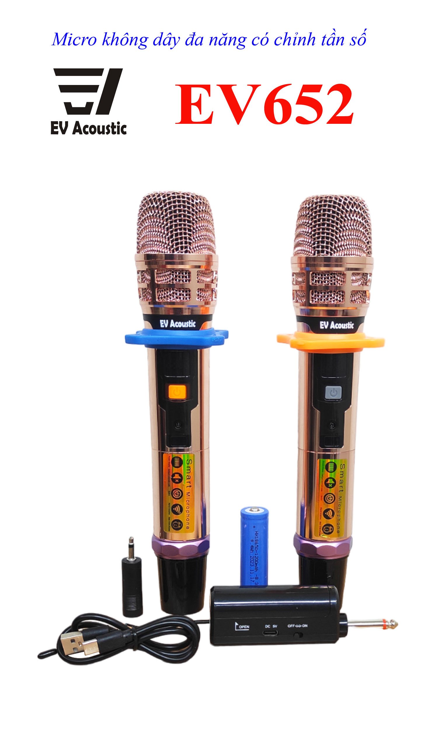 Micro Không Dây EV-652 | Vỏ Kim Loại Cao Cấp | Sóng UHF Ổn Định | Hát Nhẹ Chống Hú | Micro Karaoke Đa Năng | EVACOUSTIC