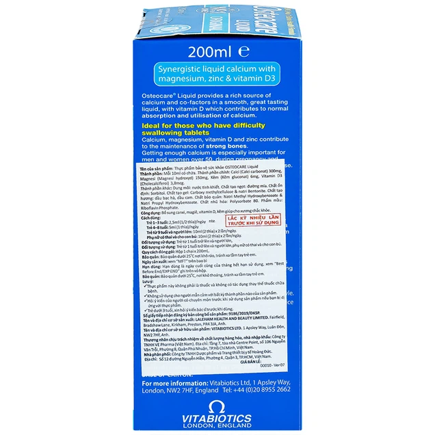 Dung dịch Osteocare Liquid Vitabiotics bổ sung canxi, magiê, vitamin D, kẽm giúp xương chắc khỏe (200ml)