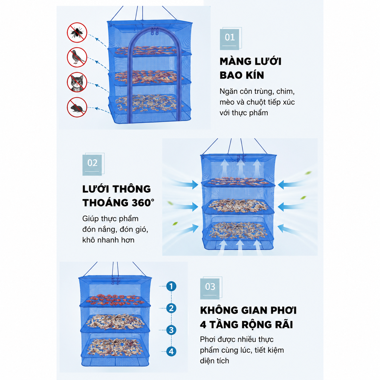 Lồng Lưới Phơi Thực Phẩm 4 Tầng – Giải Pháp Chống Côn Trùng & An Toàn Vệ Sinh