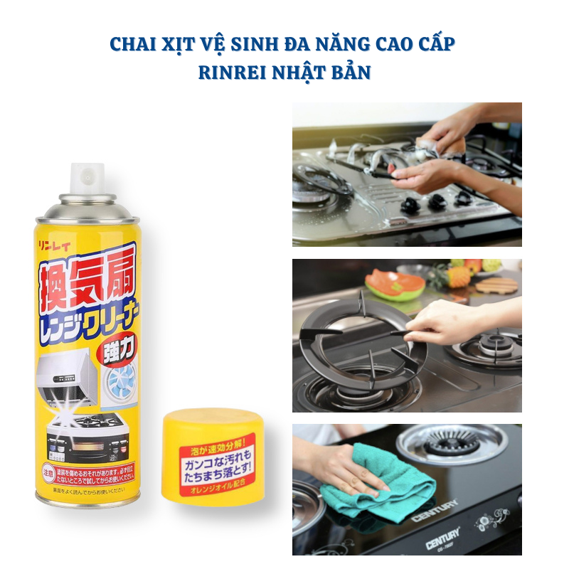 Chai Xịt Tẩy Dầu Mỡ Rinrei Nhật Bản 330ml - Tinh Dầu Cam, Dạng Bọt Tuyết Siêu Mạnh