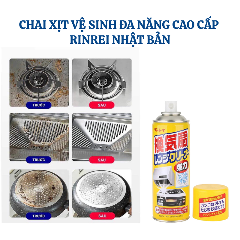 Chai Xịt Tẩy Dầu Mỡ Rinrei Nhật Bản 330ml - Tinh Dầu Cam, Dạng Bọt Tuyết Siêu Mạnh