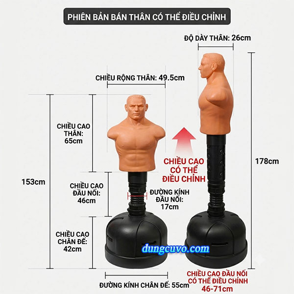 Trụ Đấm Bốc Hình Người Bán Thân TBEST (153 - 178cm) – Tùy Chỉnh Độ Cao
