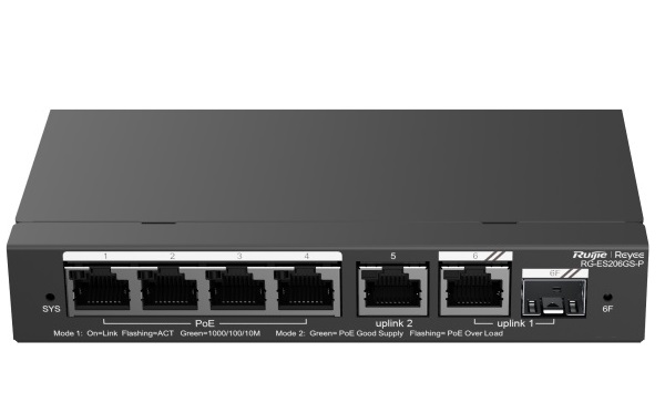 RUIJIE RG-ES206GS-P | Switch Quản Lí Cloud POE 6 Cổng Gigabit, 4 POE + 1 Uplink + 1 Combo SFP