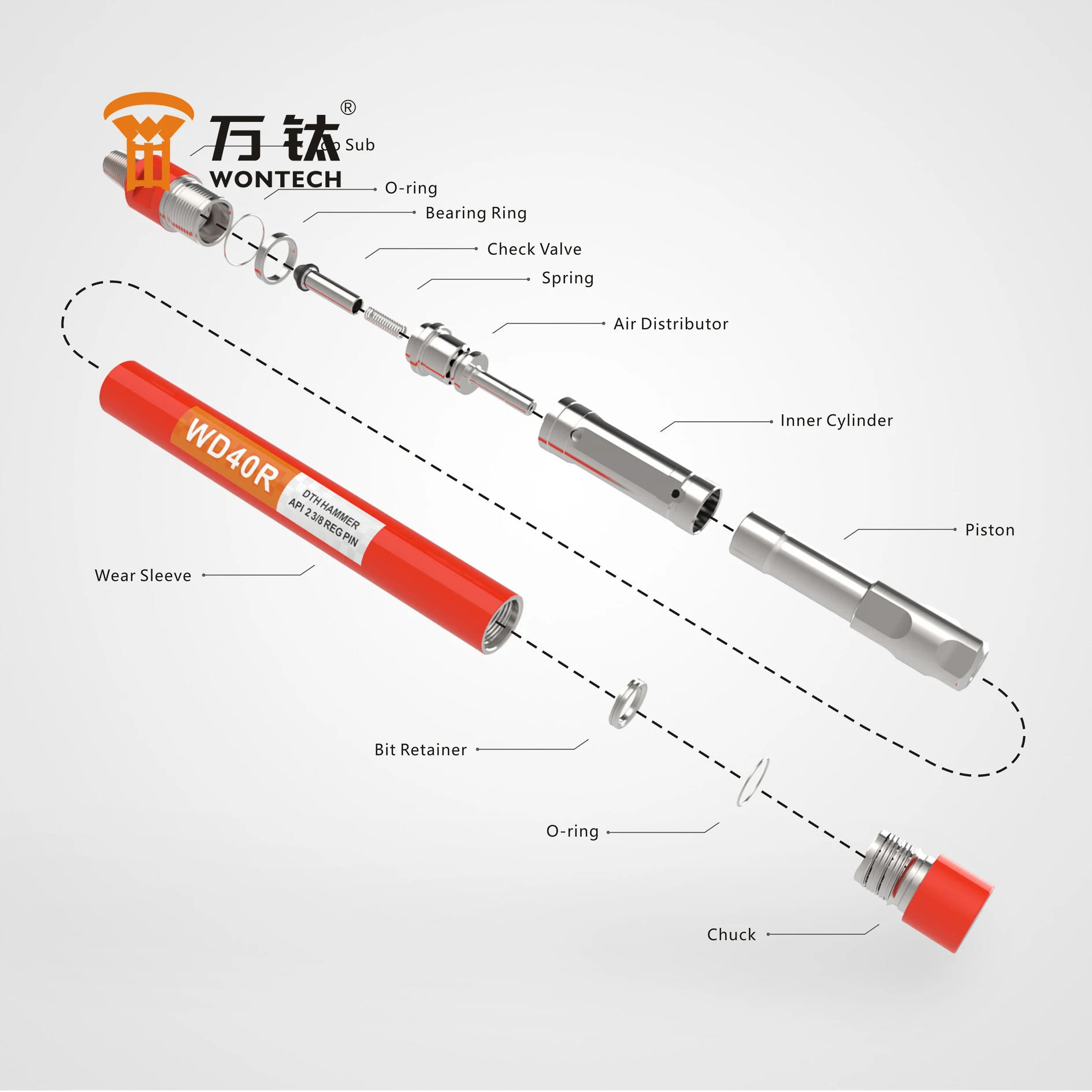Búa DTH Wontech DHD340 WT4 M40 API 2 3/8" REG PIN