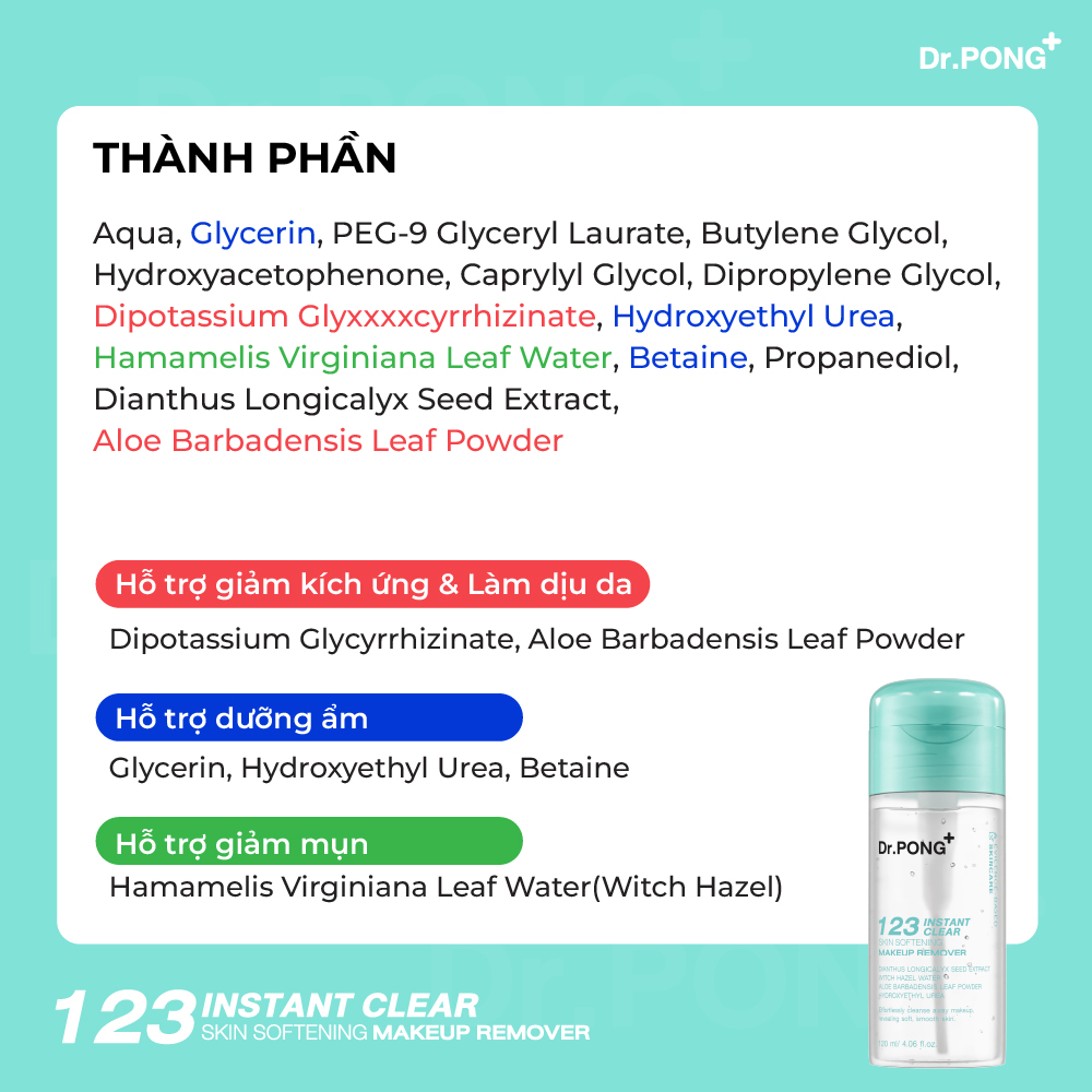 Nước tẩy trang DR. PONG 123 INSTANT CLEAR SKIN SOFTENING MAKEUP REMOVER