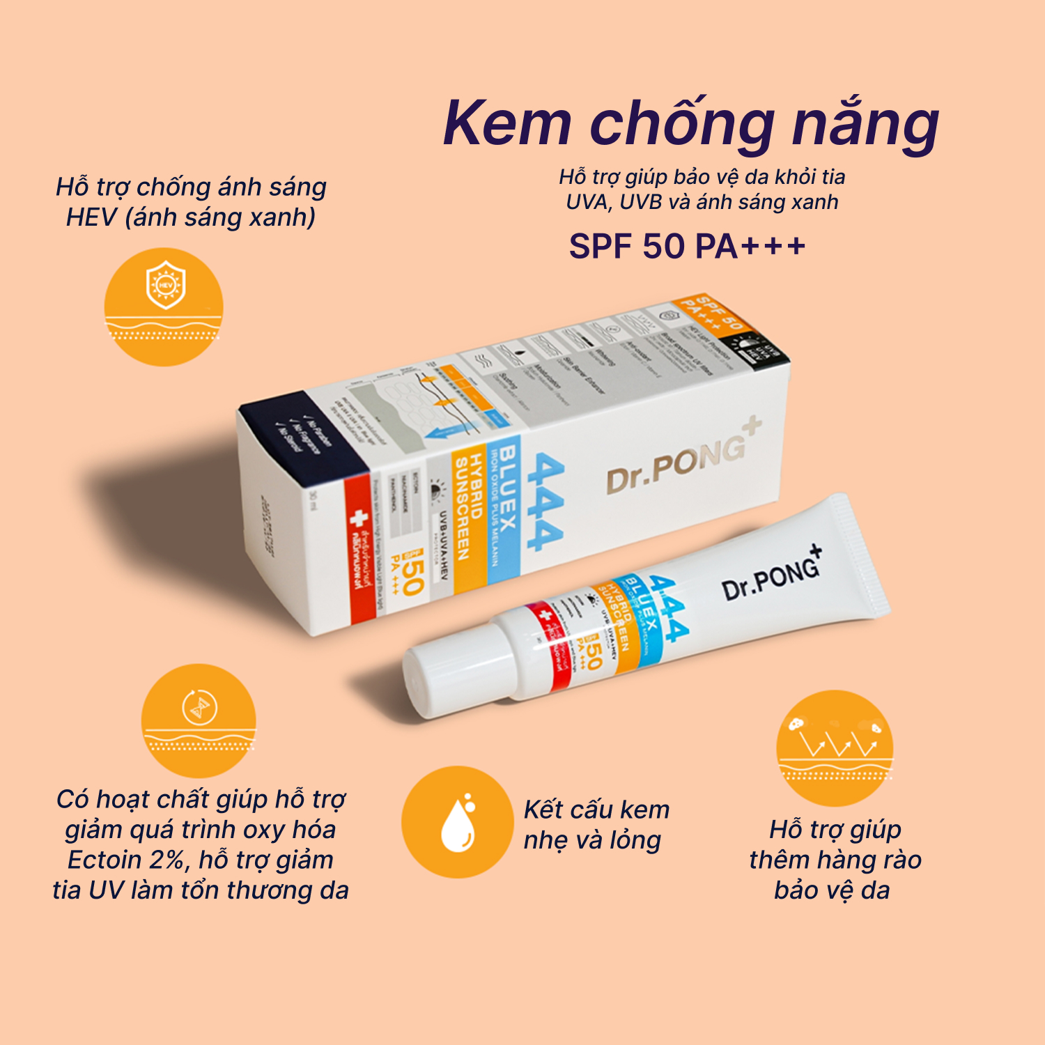 Kem chống nắng ánh sáng xanh Dr.PONG 444 BlueX Iron Oxide plus Melanin Hybrid SPF50 PA+++ 30ml