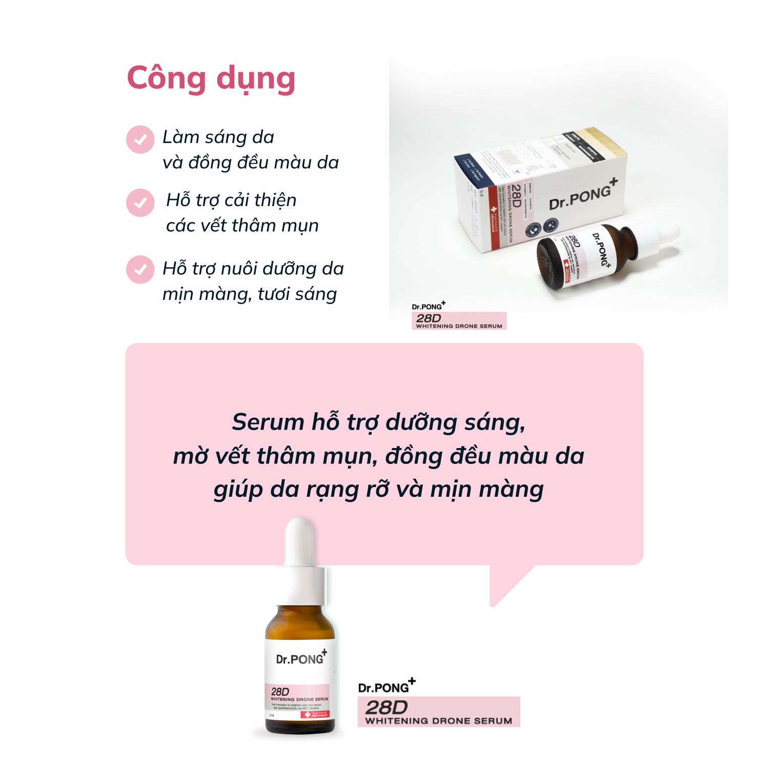 Serum hỗ trợ dưỡng trắng da, giảm thâm mụn Dr.PONG 28D Whitening Drone Serum 16ml