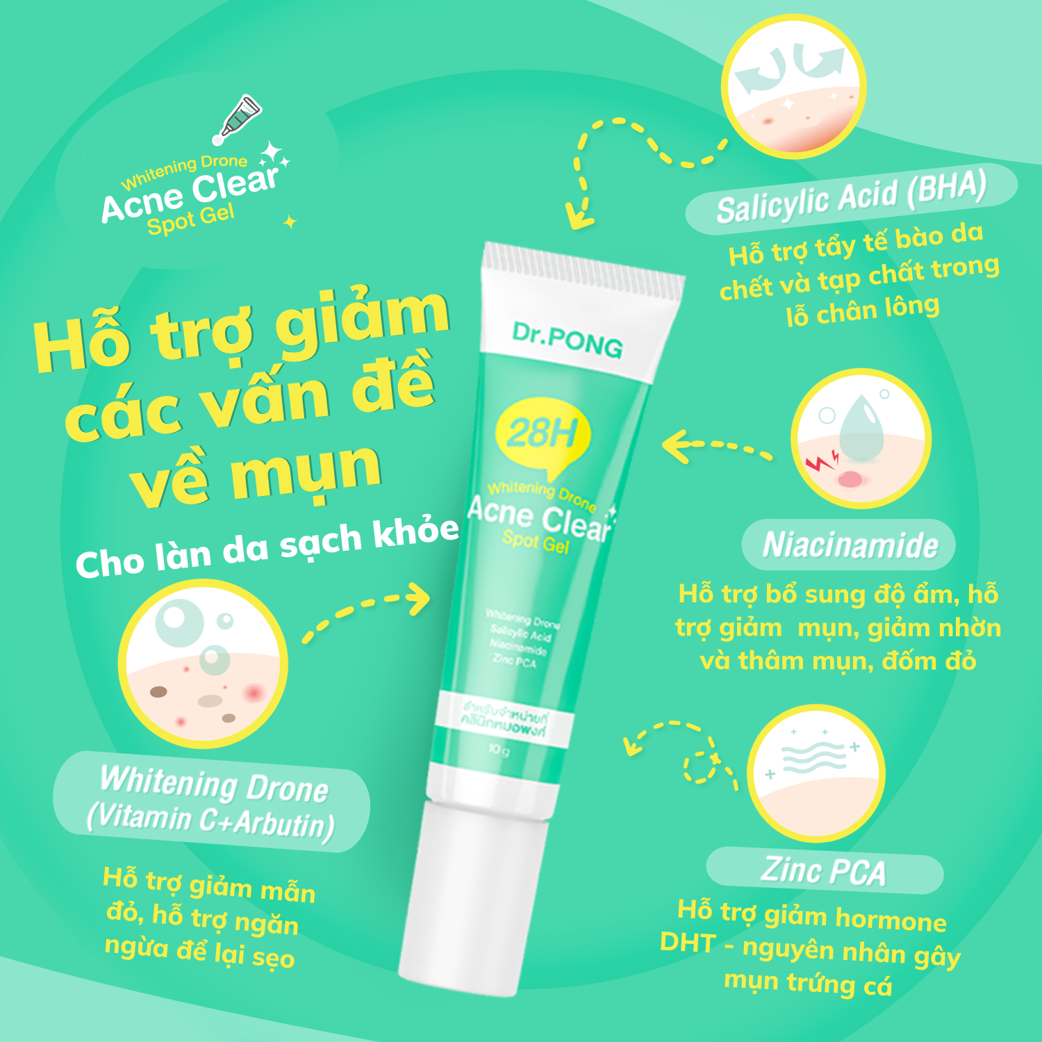 Gel chấm giảm mụn Dr.PONG 28H Whitening Drone Acne Clear Spot 10g