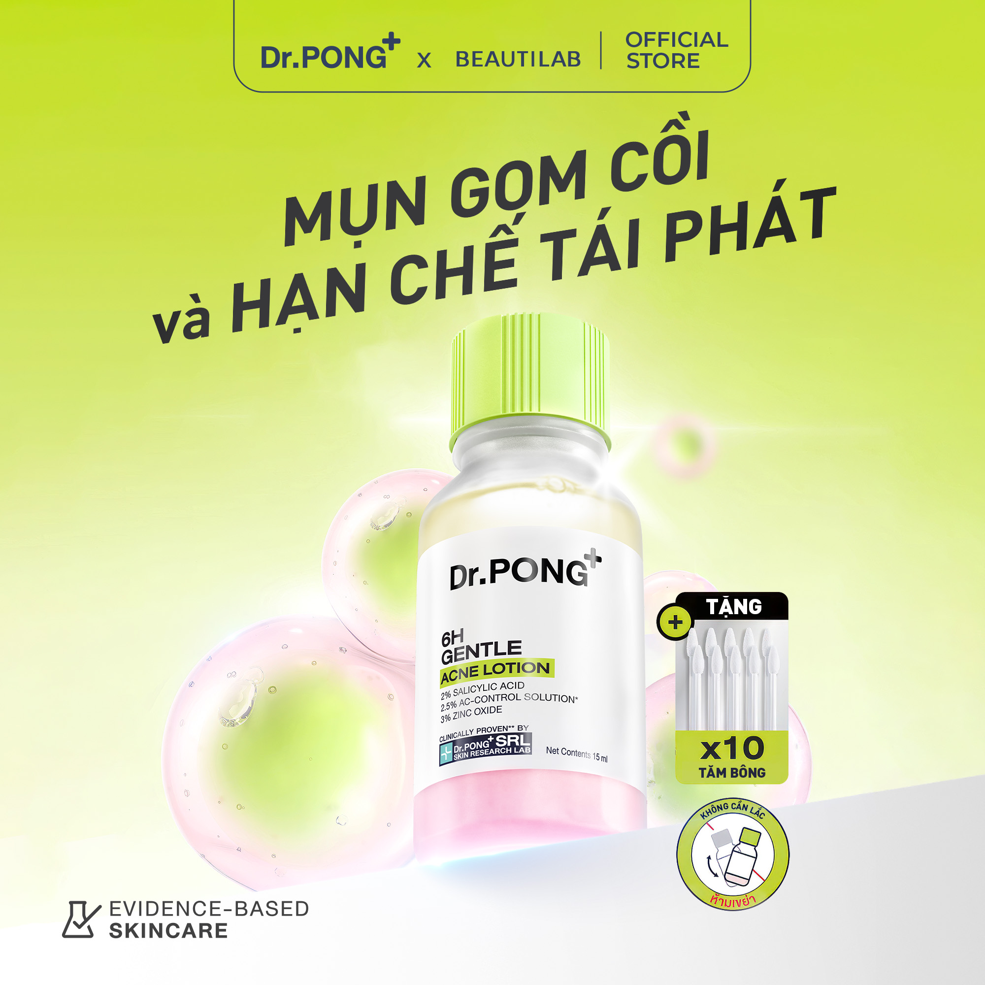 Chấm mụn 2 lớp hỗ trợ gom cồi, giảm mụn Dr.PONG 6H Gentle Acne Lotion