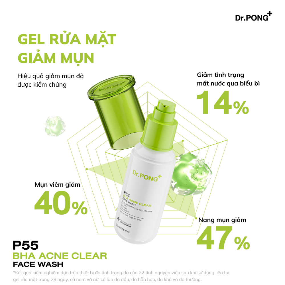 Gel rửa mặt giảm mụn Dr.PONG p55 BHA Acne Clear Face Wash 100ml