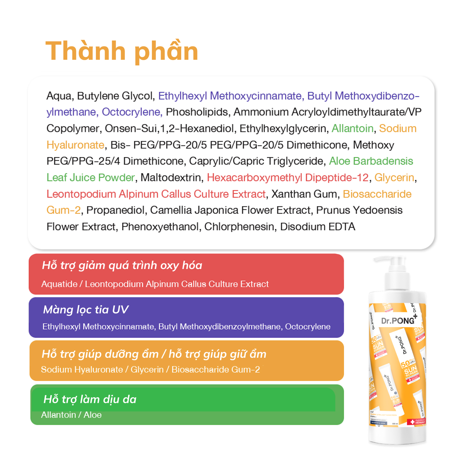 Kem chống nắng phổ rộng Dr.PONG Hyaluronic Ultra Light SPF50 PA+++ 500ml