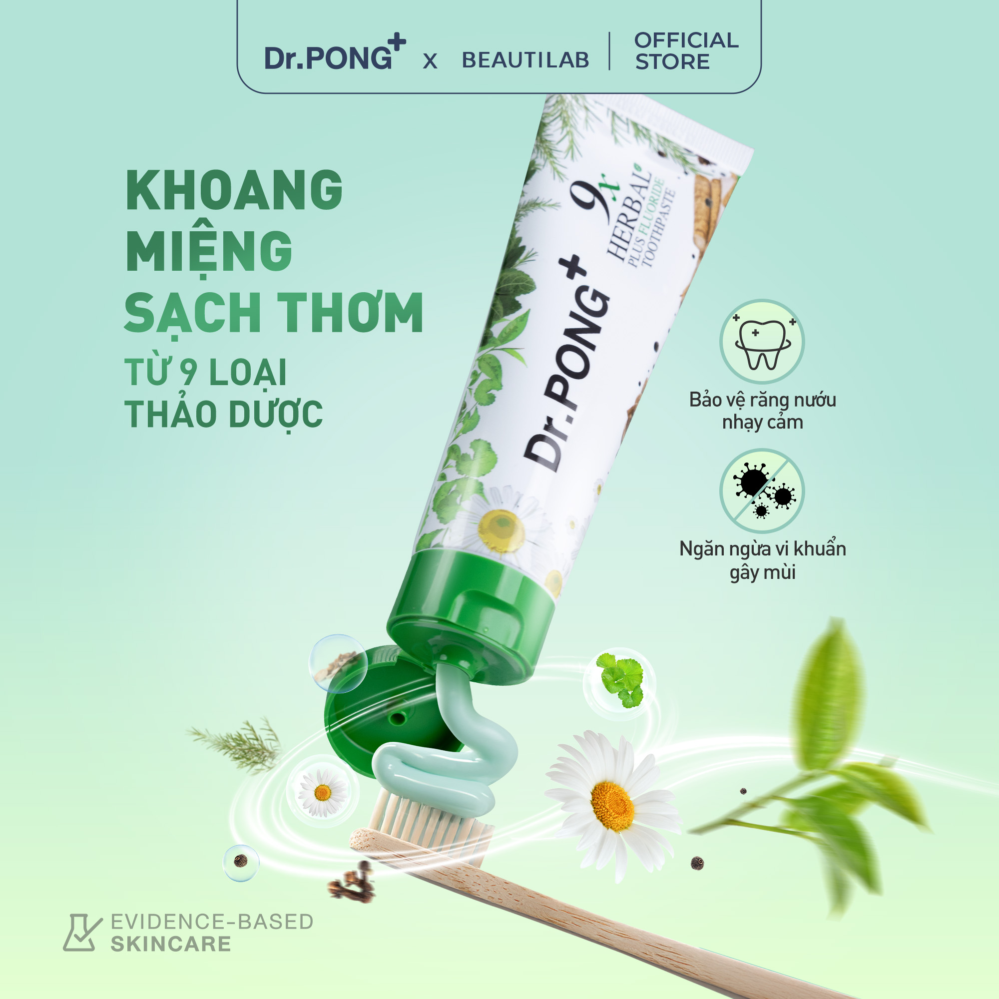 Kem đánh răng 9 loại thảo dược hỗ trợ  giảm mùi hôi miệng giúp răng trắng khỏe Dr.PONG 9x Herbal + Fluoride Toothpaste