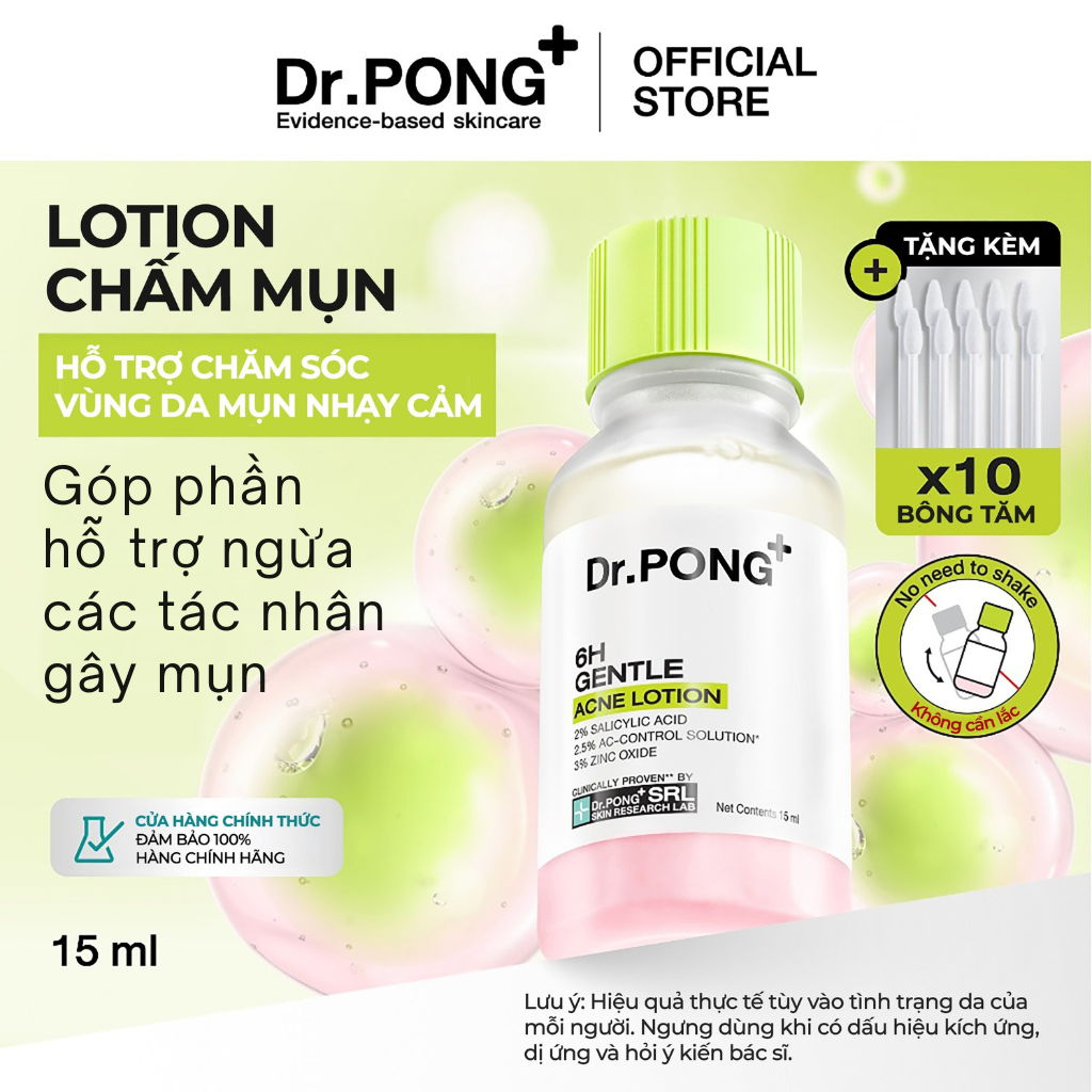 Chấm mụn 2 lớp hỗ trợ gom cồi, giảm mụn Dr.PONG 6H Gentle Acne Lotion