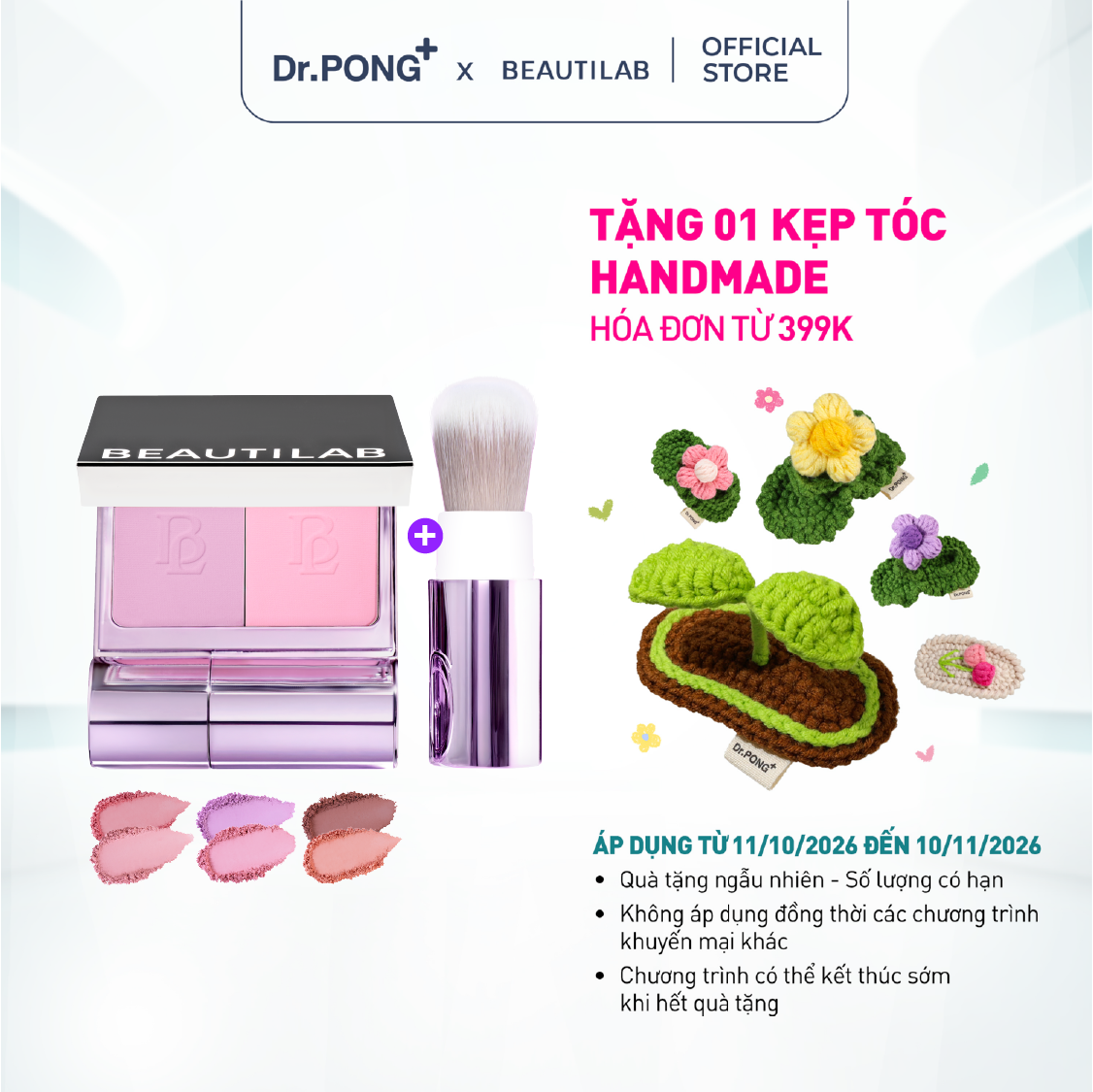 Phấn má hồng dạng nén 2 màu, kèm cọ tiện lợi BEAUTILAB Selfique Cheek Duo Pocket Blush