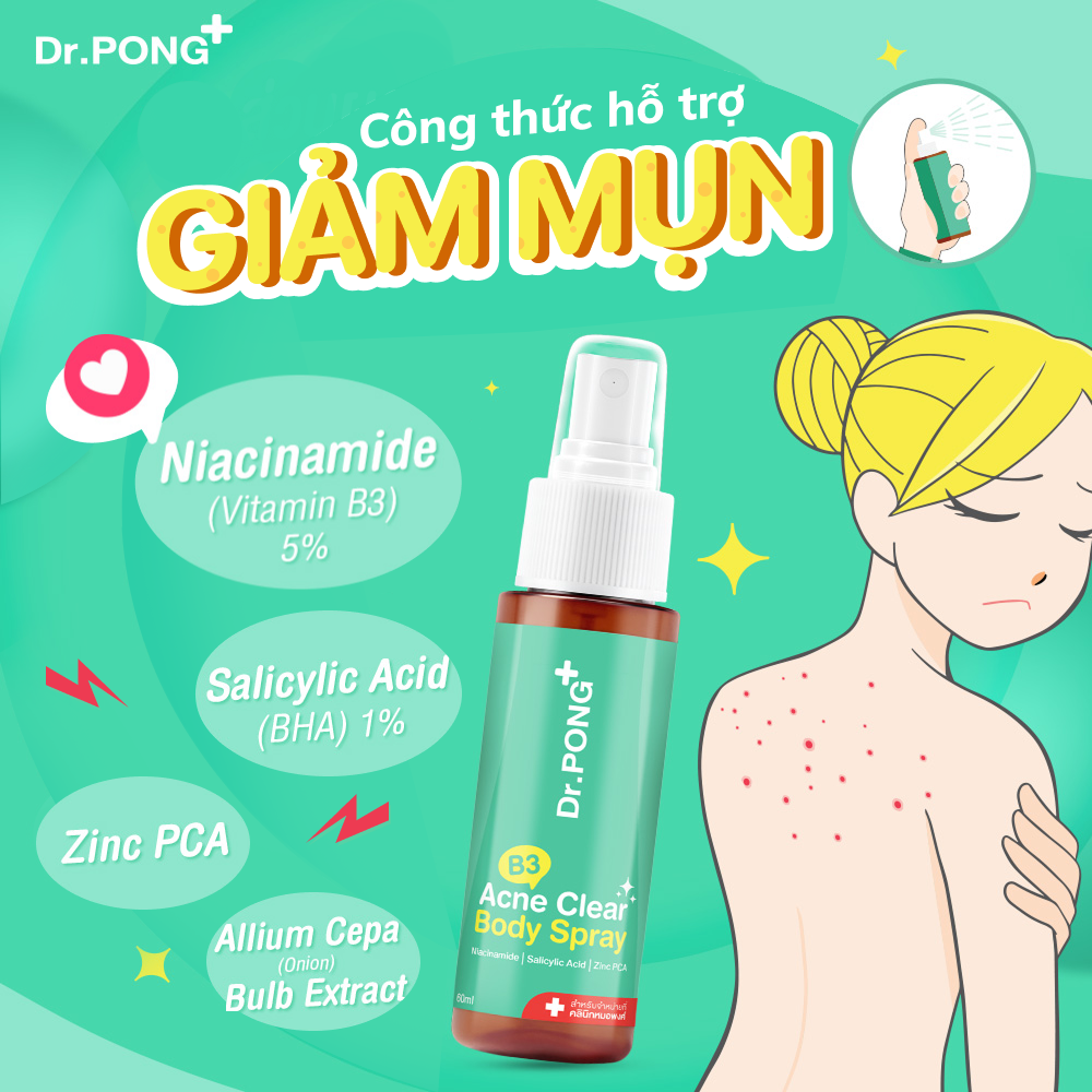 Xịt dưỡng hỗ trợ giảm mụn cơ thể Dr.PONG B3 Acne Clear Body Spray Serum 60ml