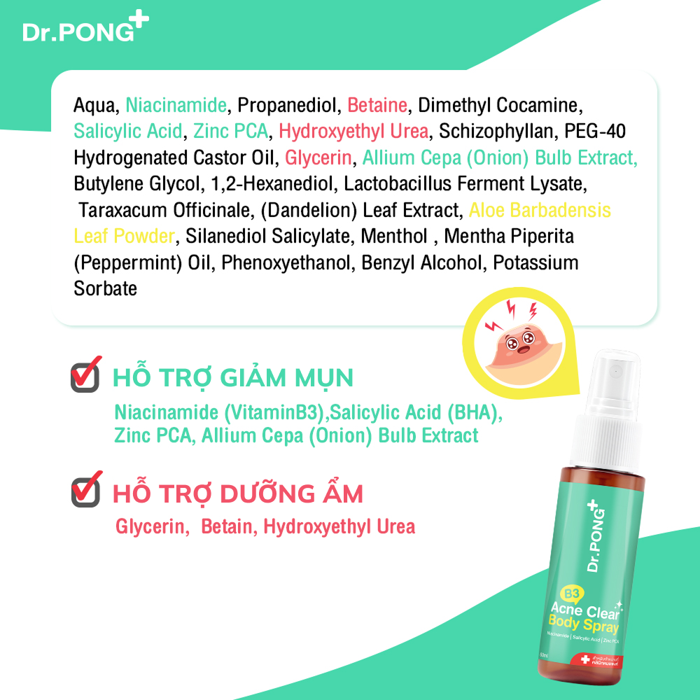 Xịt dưỡng hỗ trợ giảm mụn cơ thể Dr.PONG B3 Acne Clear Body Spray Serum 60ml