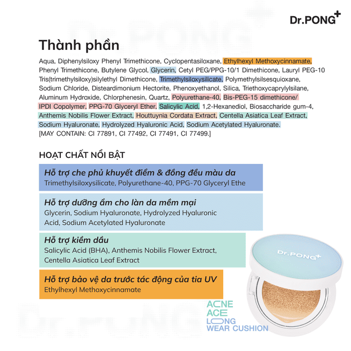 Phấn nước dành cho da dầu mụn Dr.PONG Acne Ace Longwear Cushion 15g