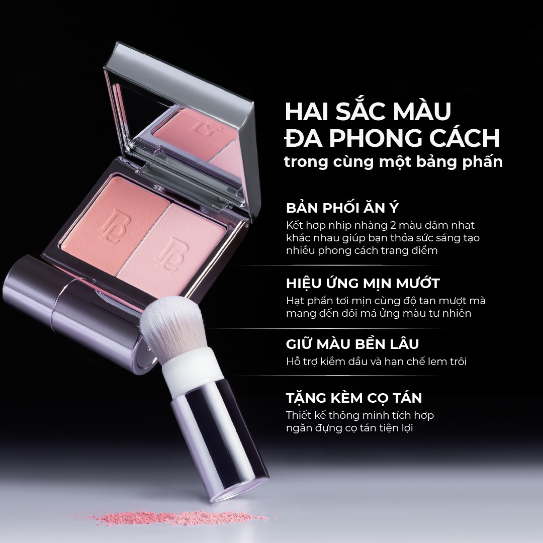 Phấn má hồng dạng nén 2 màu, kèm cọ tiện lợi BEAUTILAB Selfique Cheek Duo Pocket Blush