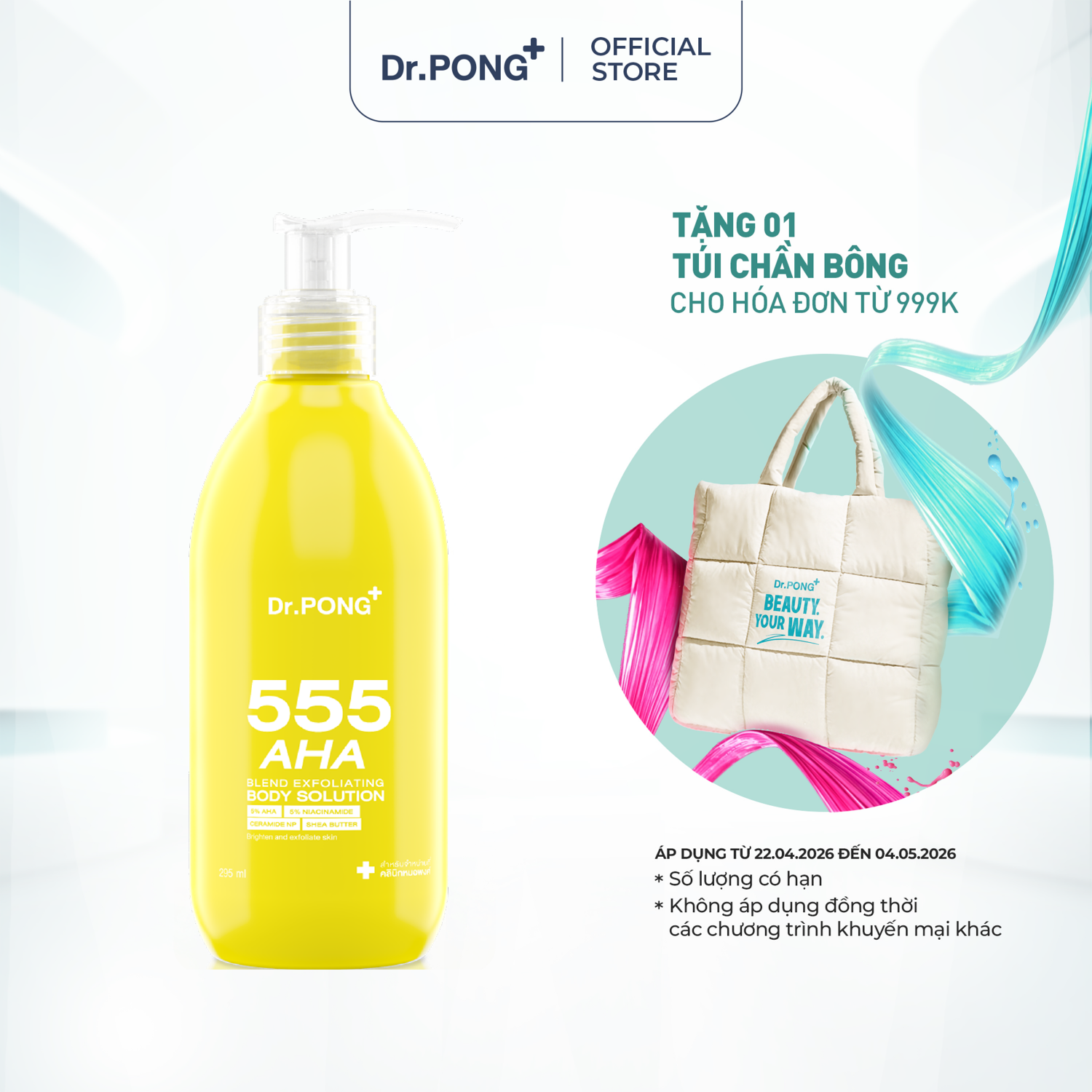 Sữa tẩy tế bào da chết, dưỡng ẩm và trắng da toàn thân Dr.PONG 555 AHA Blend Exfoliating 295ml