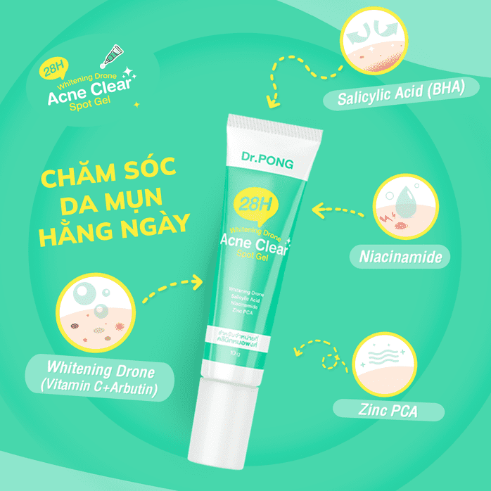 Gel chấm hỗ trợ xử lý mụn Dr.PONG 28H Whitening Drone Acne Clear Spot Gel 10g