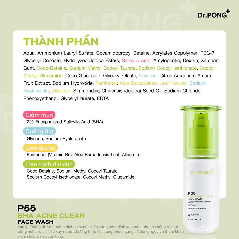 Gel rửa mặt giảm mụn Dr.PONG p55 BHA Acne Clear Face Wash 100ml