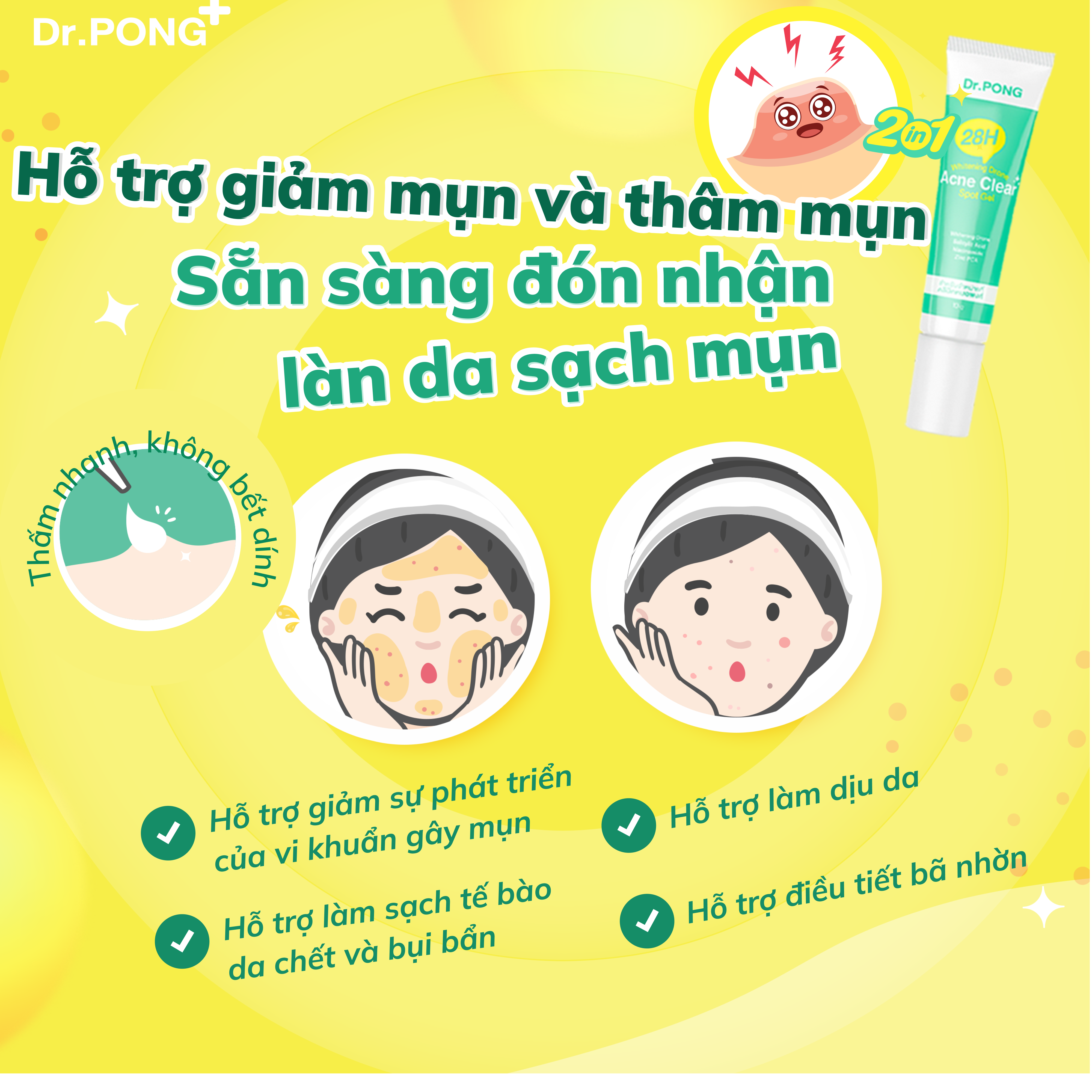 Gel chấm giảm mụn Dr.PONG 28H Whitening Drone Acne Clear Spot 10g