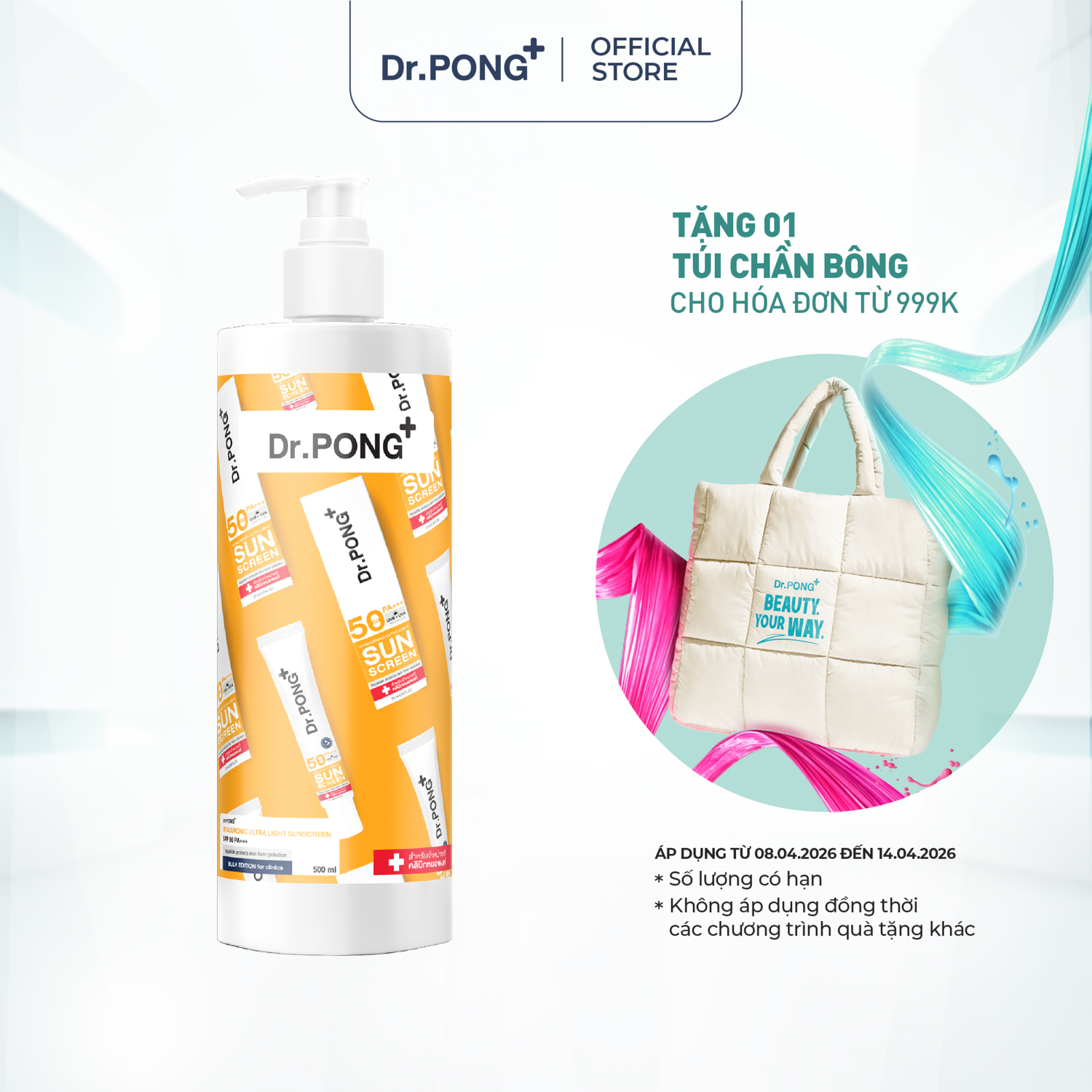 Kem chống nắng phổ rộng Dr.PONG Hyaluronic Ultra Light SPF50 PA+++ 500ml