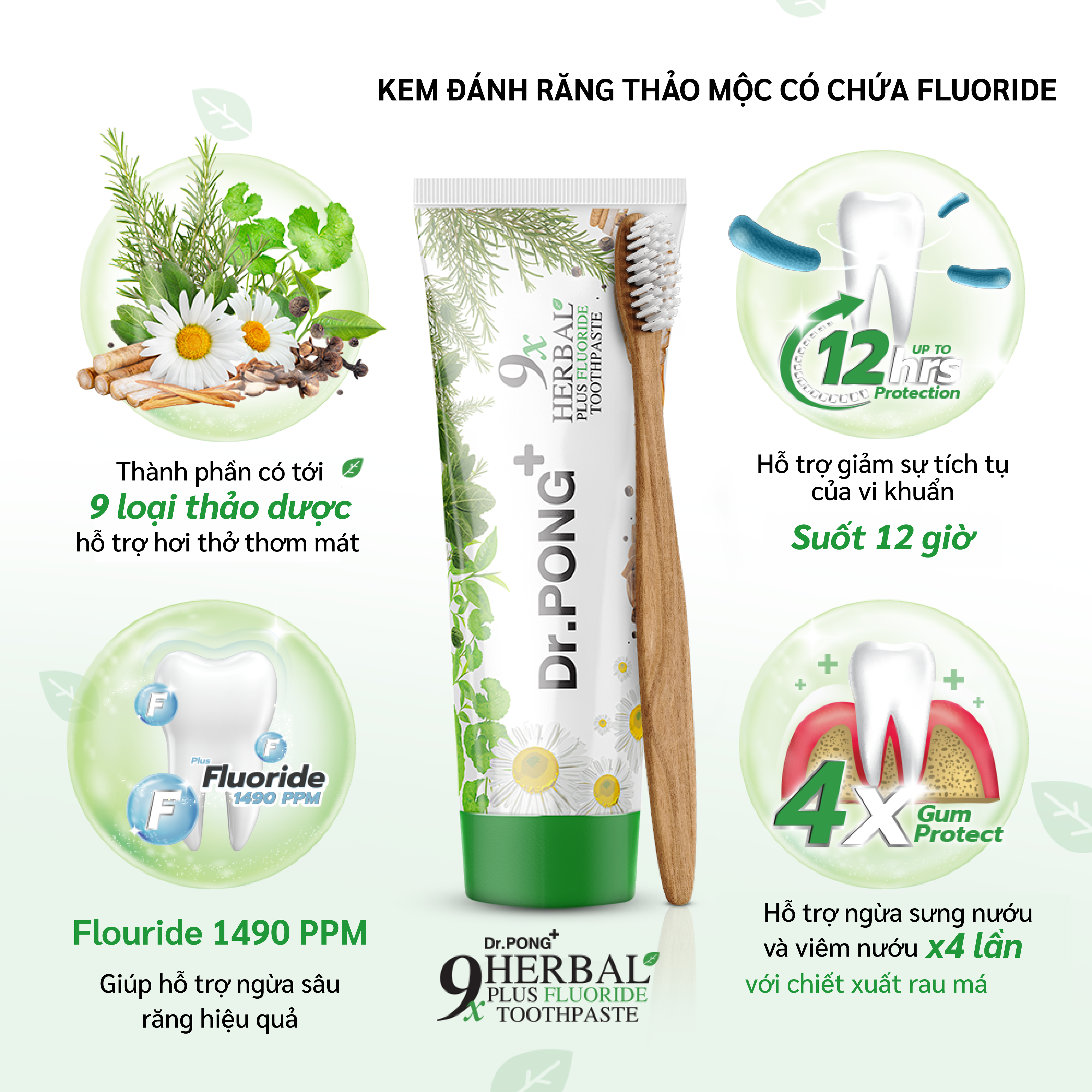 Kem đánh răng 9 loại thảo dược hỗ trợ  giảm mùi hôi miệng giúp răng trắng khỏe Dr.PONG 9x Herbal Plus Fluoride Toothpast