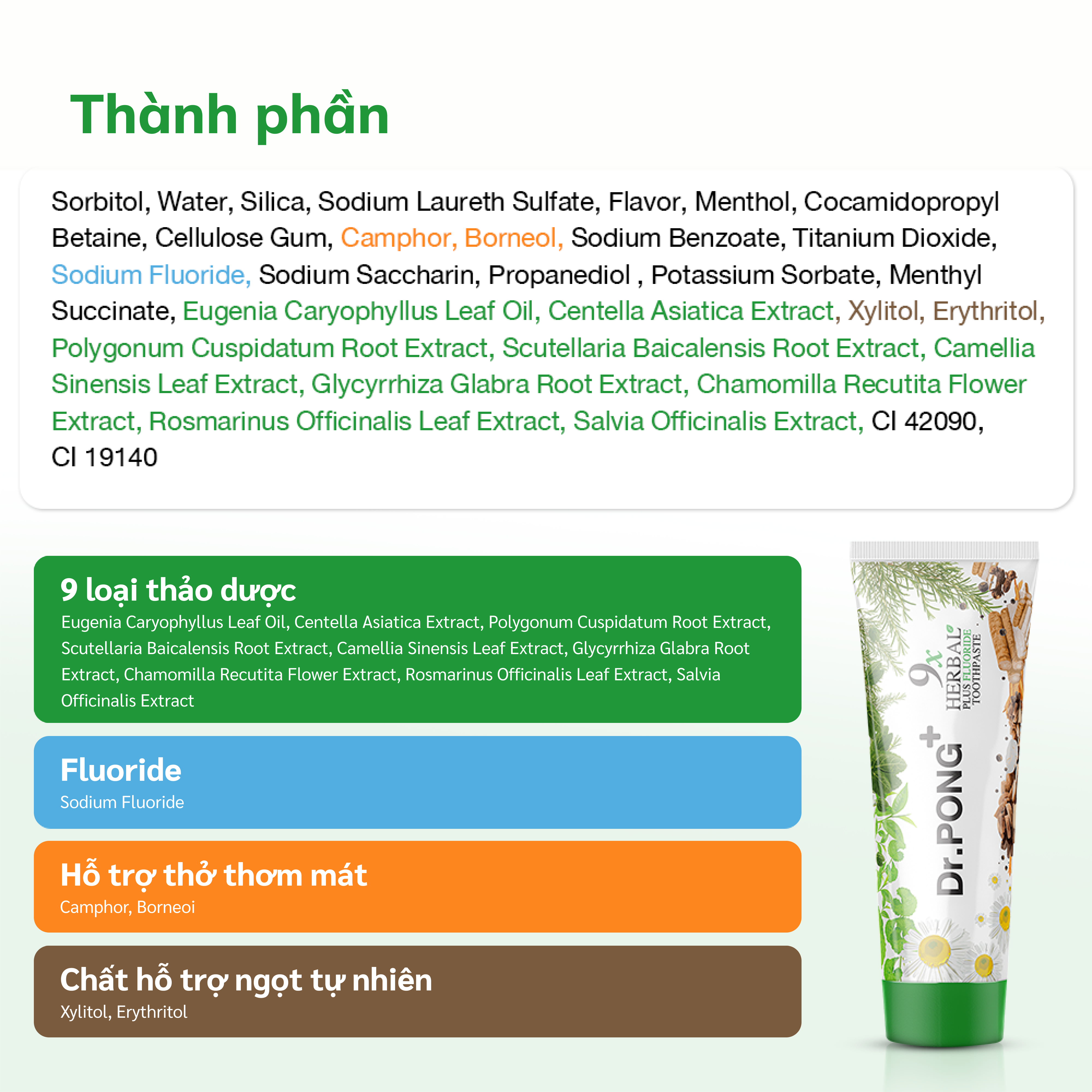 Kem đánh răng 9 loại thảo dược hỗ trợ  giảm mùi hôi miệng giúp răng trắng khỏe Dr.PONG 9x Herbal Plus Fluoride Toothpast