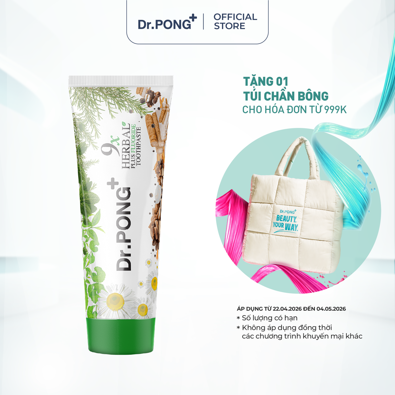 Kem đánh răng từ thảo dược & fluoride trắng răng, thơm miệng Dr.PONG 9X HERBAL PLUS FLUORIDE TOOTHPASTE 100g