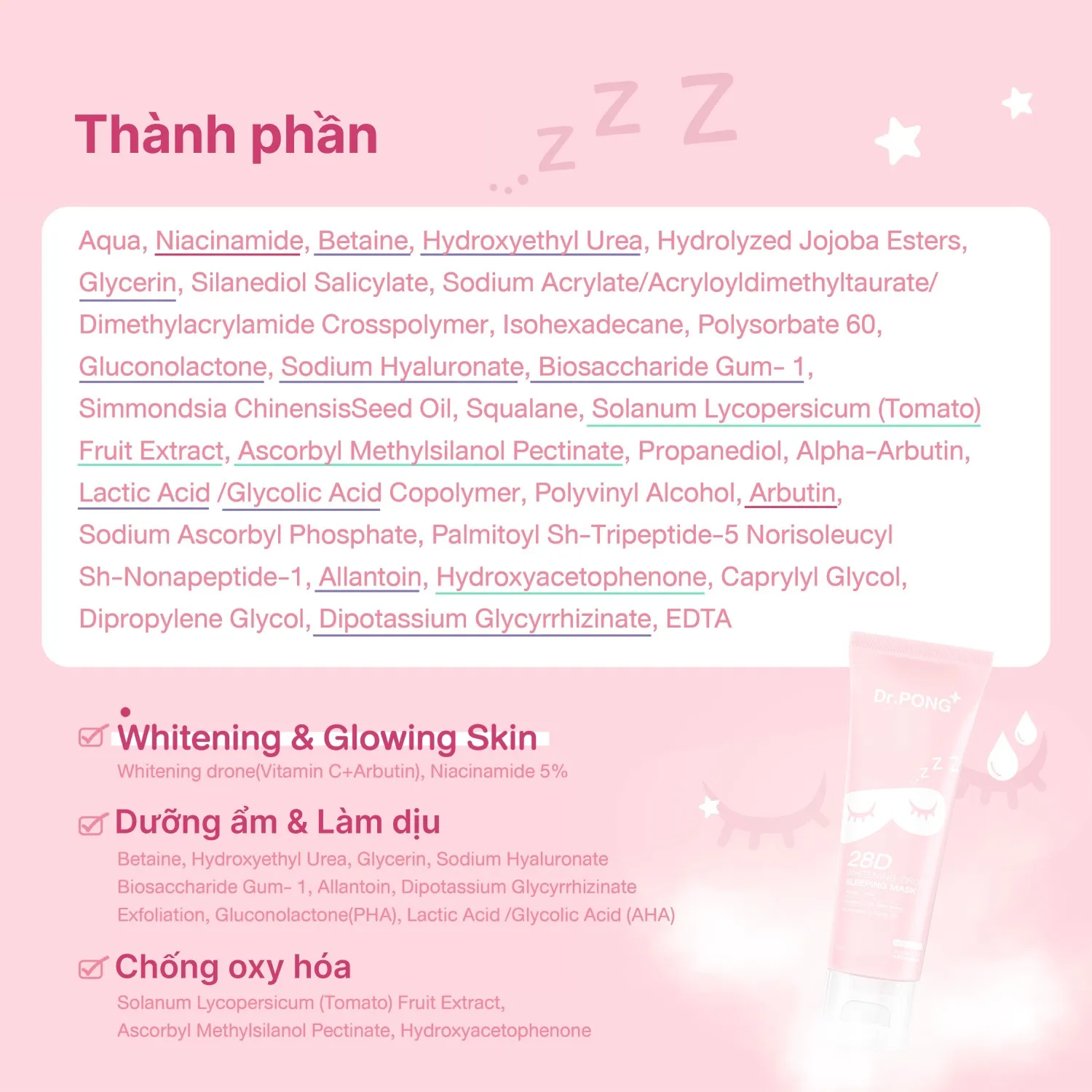 Mặt nạ ngủ trắng da, mờ thâm mụn Dr.PONG 28D Whitening Drone Sleeping 50ml