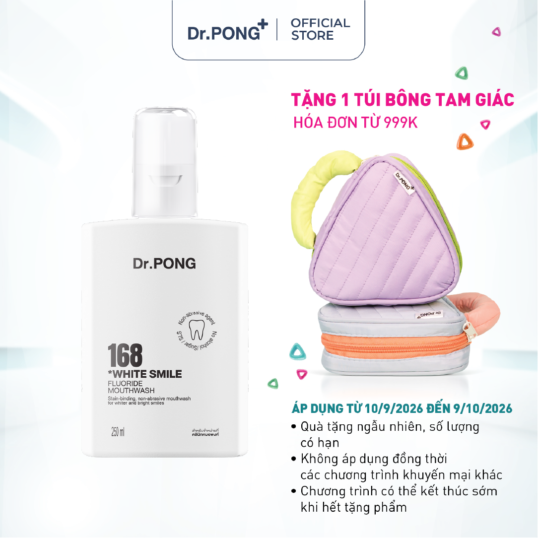 Nước súc miệng trắng răng, hỗ trợ giảm mảng ố vàng, khử mùi hôi miệng Dr.PONG 168 White Smile Fluoride Mouthwash 250ml