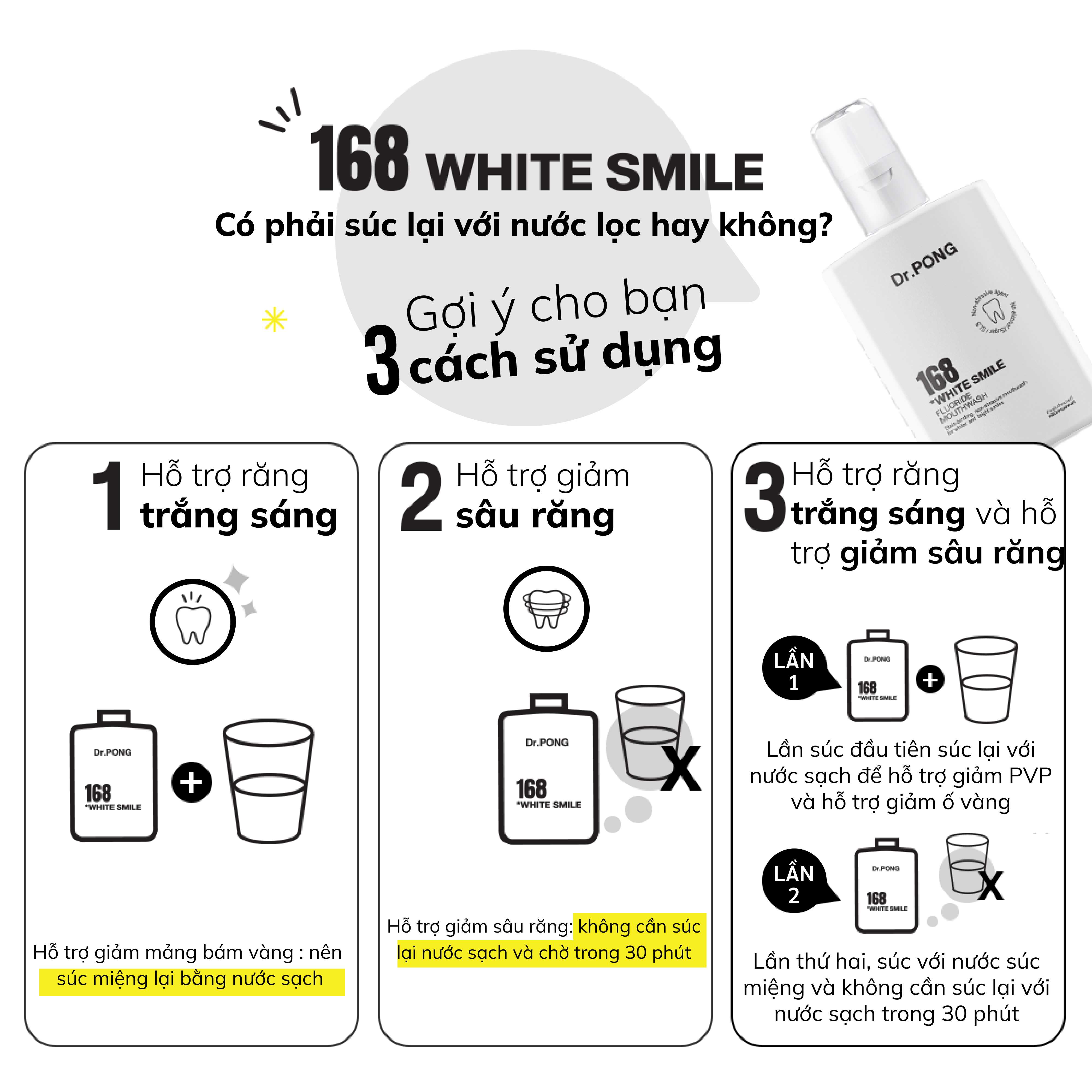 Nước súc miệng trắng răng, hỗ trợ giảm mảng ố vàng, khử mùi hôi miệng Dr.PONG 168 White Smile Fluoride Mouthwash 250ml