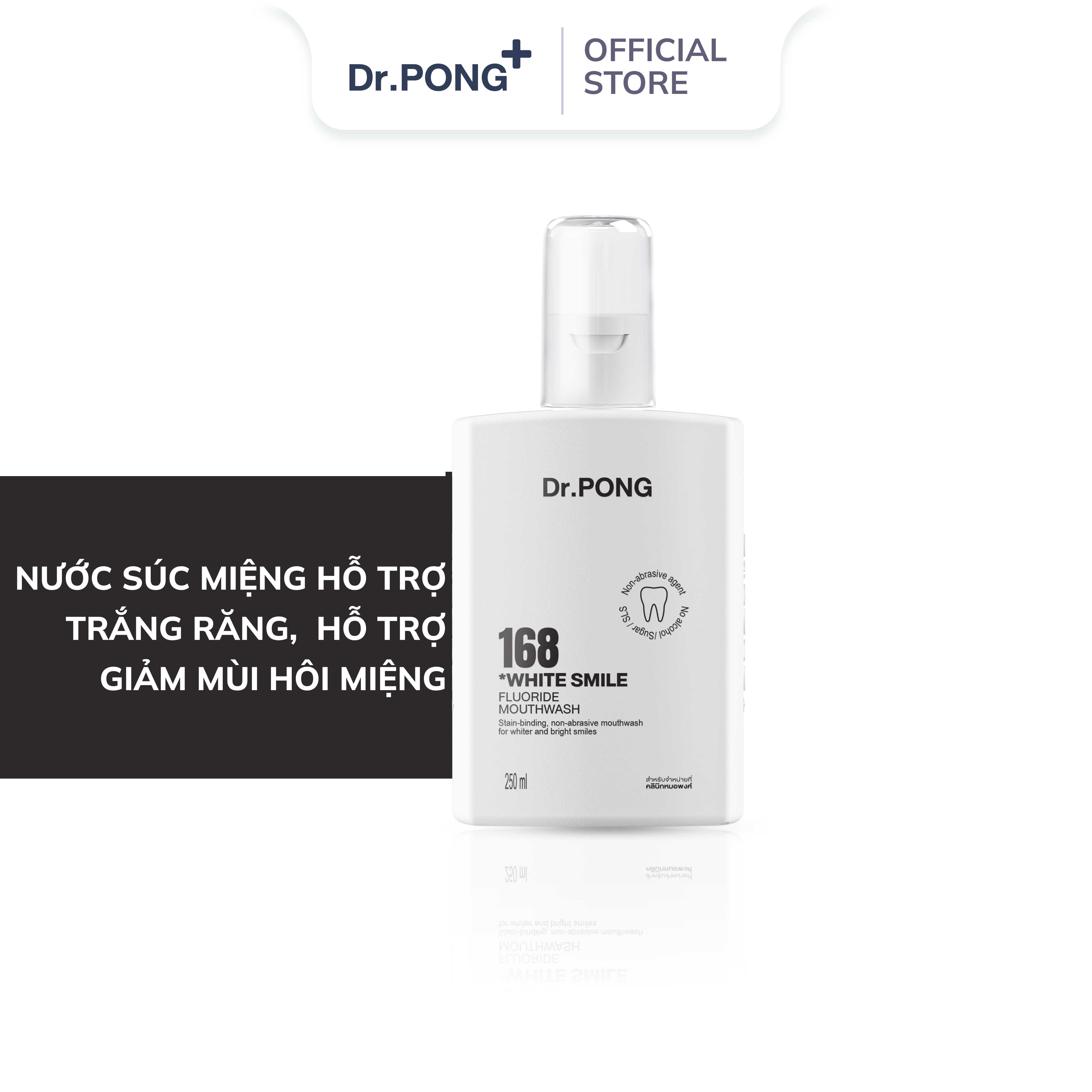 Nước súc miệng trắng răng, hỗ trợ giảm mảng ố vàng, khử mùi hôi miệng Dr.PONG 168 White Smile Fluoride Mouthwash 250ml