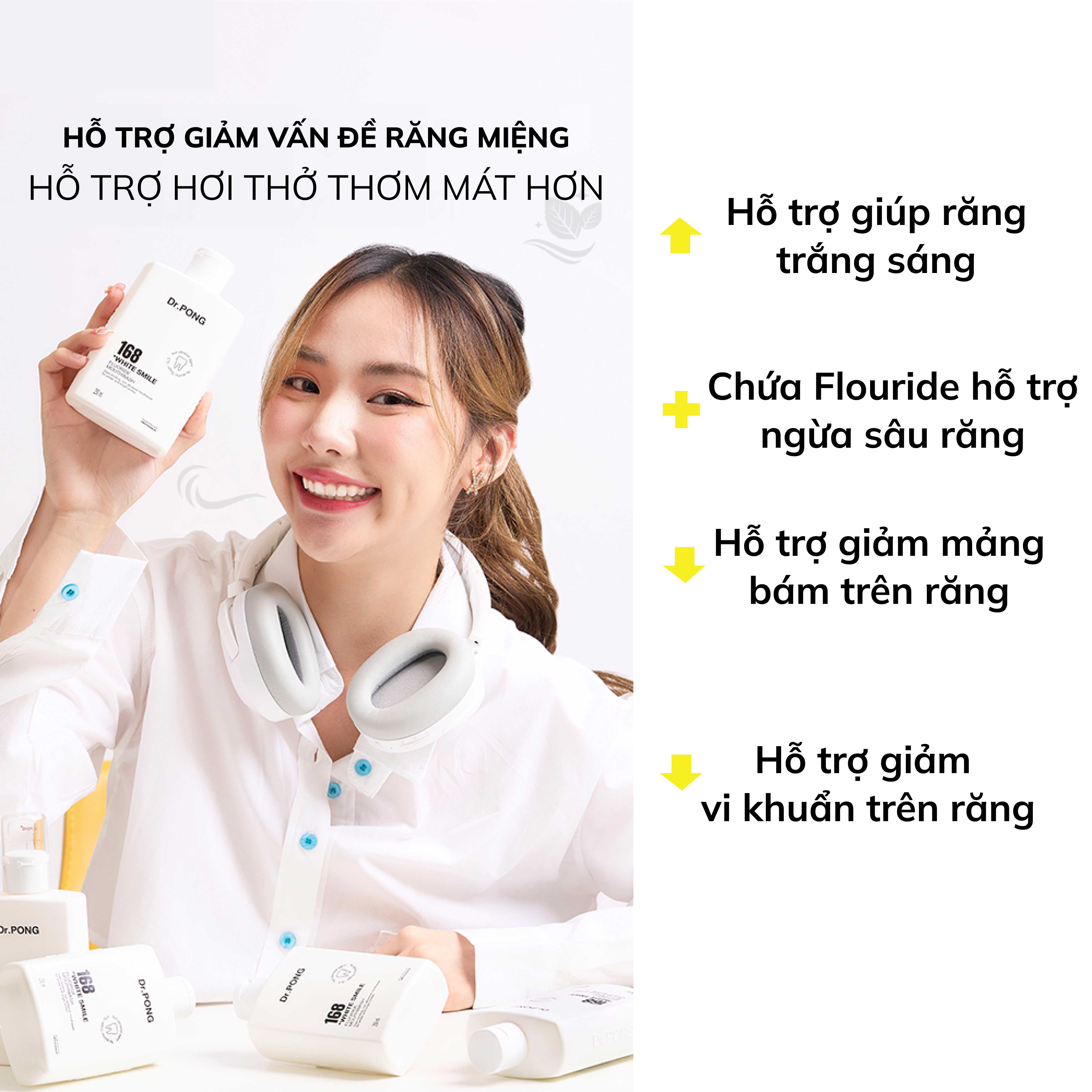 Nước súc miệng trắng răng, hỗ trợ giảm mảng ố vàng, khử mùi hôi miệng Dr.PONG 168 White Smile Fluoride Mouthwash 250ml