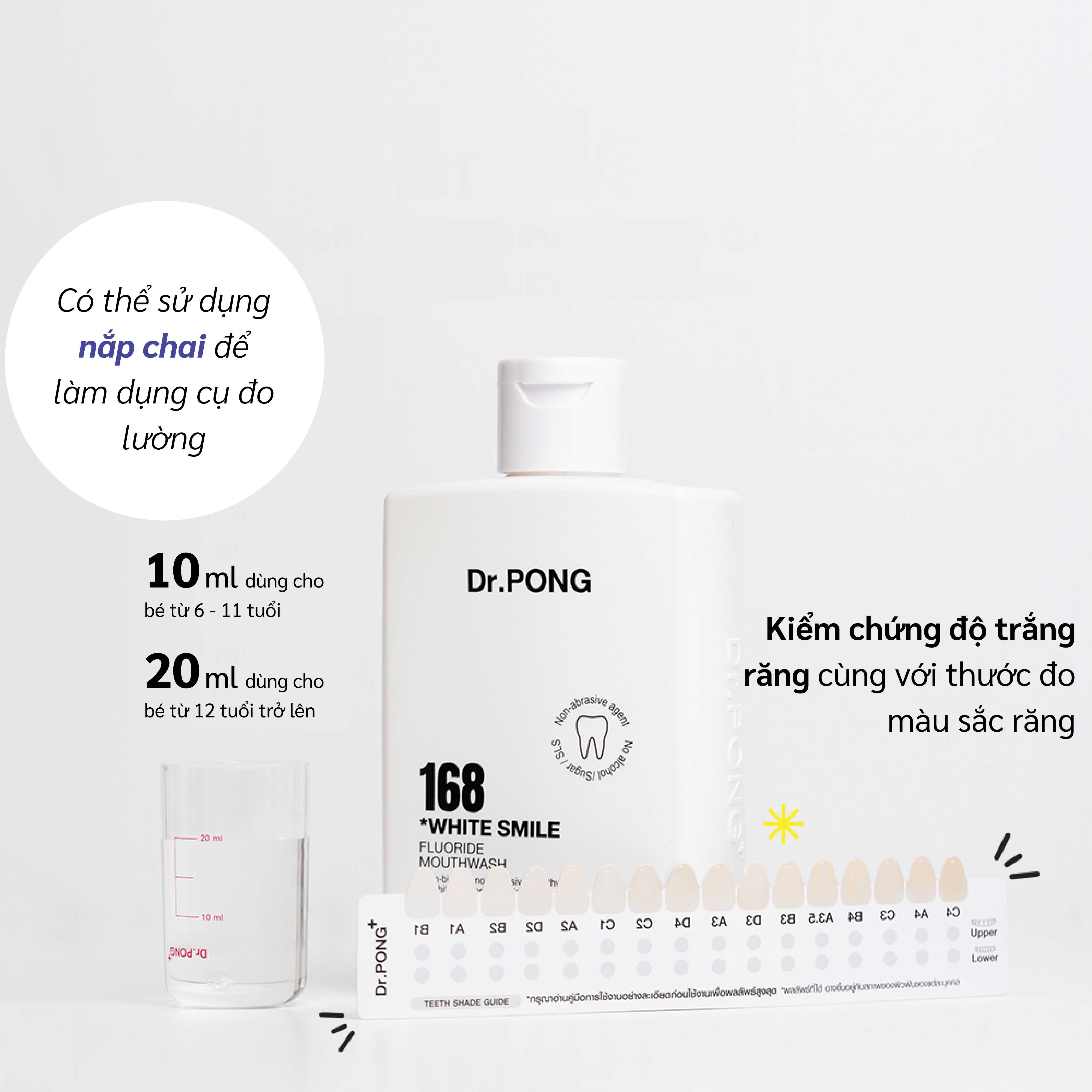 Nước súc miệng trắng răng, hỗ trợ giảm mảng ố vàng, khử mùi hôi miệng Dr.PONG 168 White Smile Fluoride Mouthwash 250ml