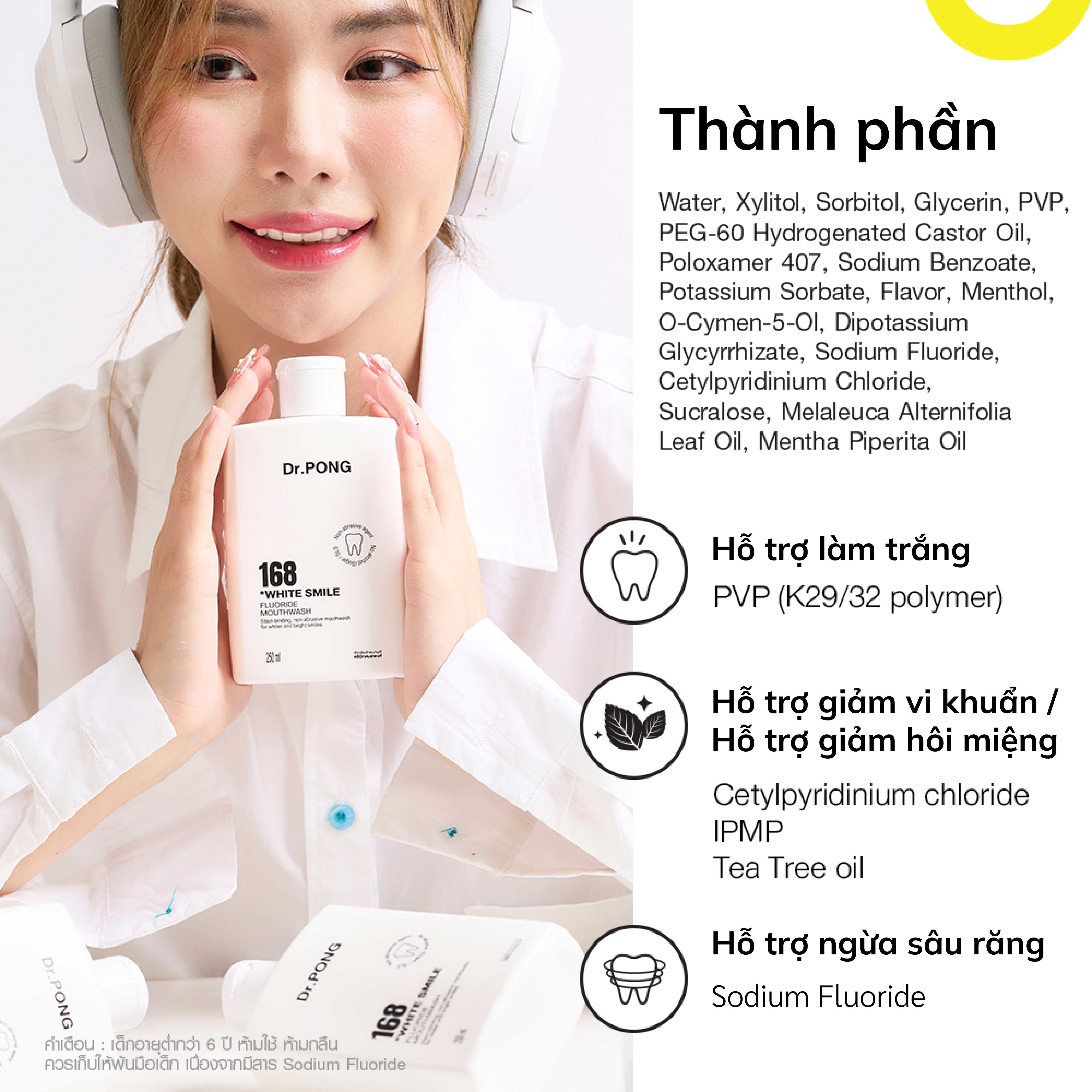 Nước súc miệng trắng răng, hỗ trợ giảm mảng ố vàng, khử mùi hôi miệng Dr.PONG 168 White Smile Fluoride Mouthwash 250ml