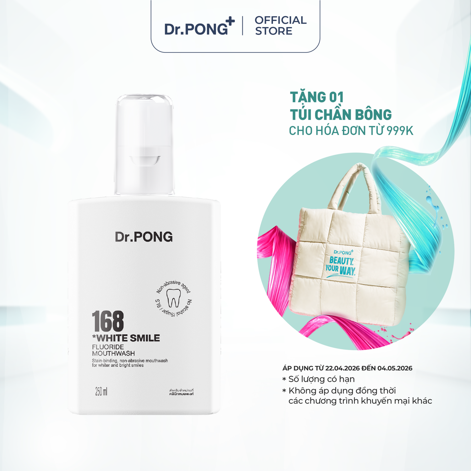 Nước súc miệng trắng răng, giảm mảng ố vàng, khử mùi hôi miệng Dr.PONG 168 White smile fluoride mouthwash 250ml