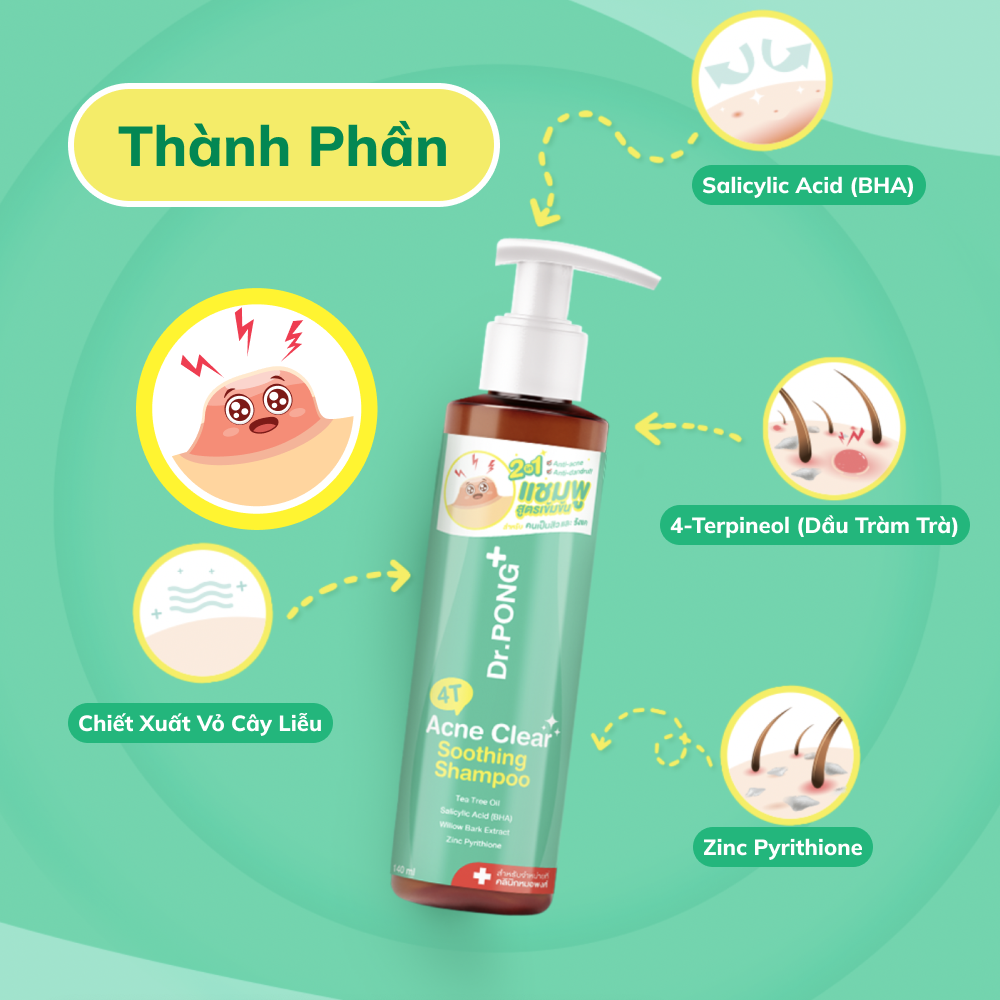Dầu gội hỗ trợ làm sạch dầu và giảm mụn da đầu Dr.PONG 4T Acne Clear Soothing Shampoo 140ml