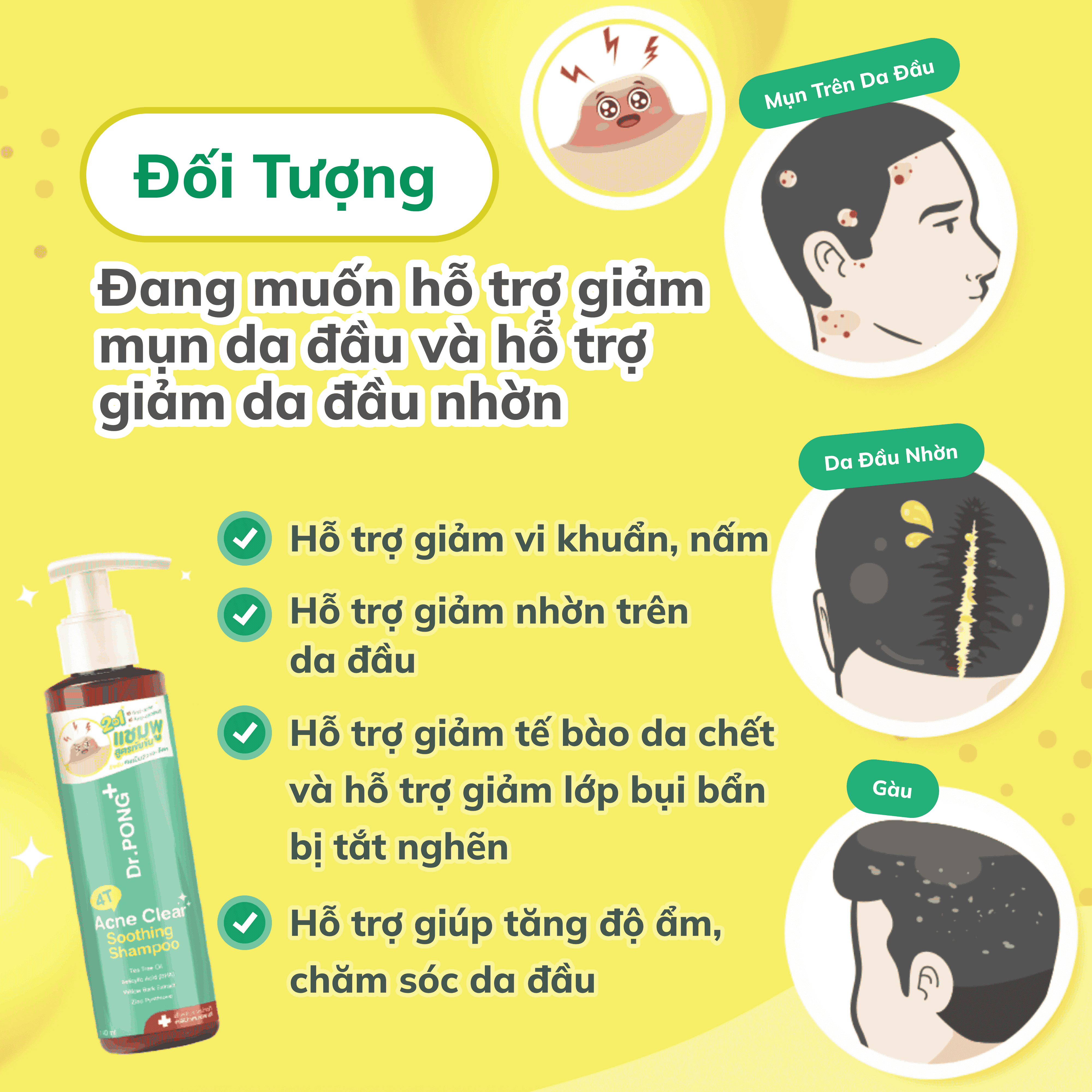 Dầu gội hỗ trợ làm sạch dầu và giảm mụn da đầu Dr.PONG 4T Acne Clear Soothing Shampoo 140ml