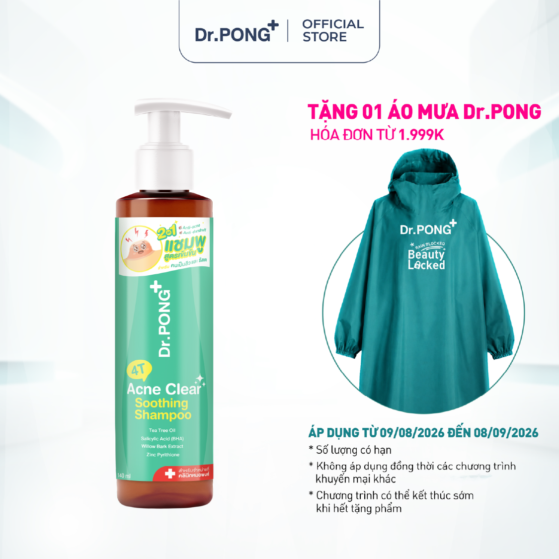 Dầu gội hỗ trợ làm sạch dầu và giảm mụn da đầu Dr.PONG 4T Acne Clear Soothing Shampoo 140ml