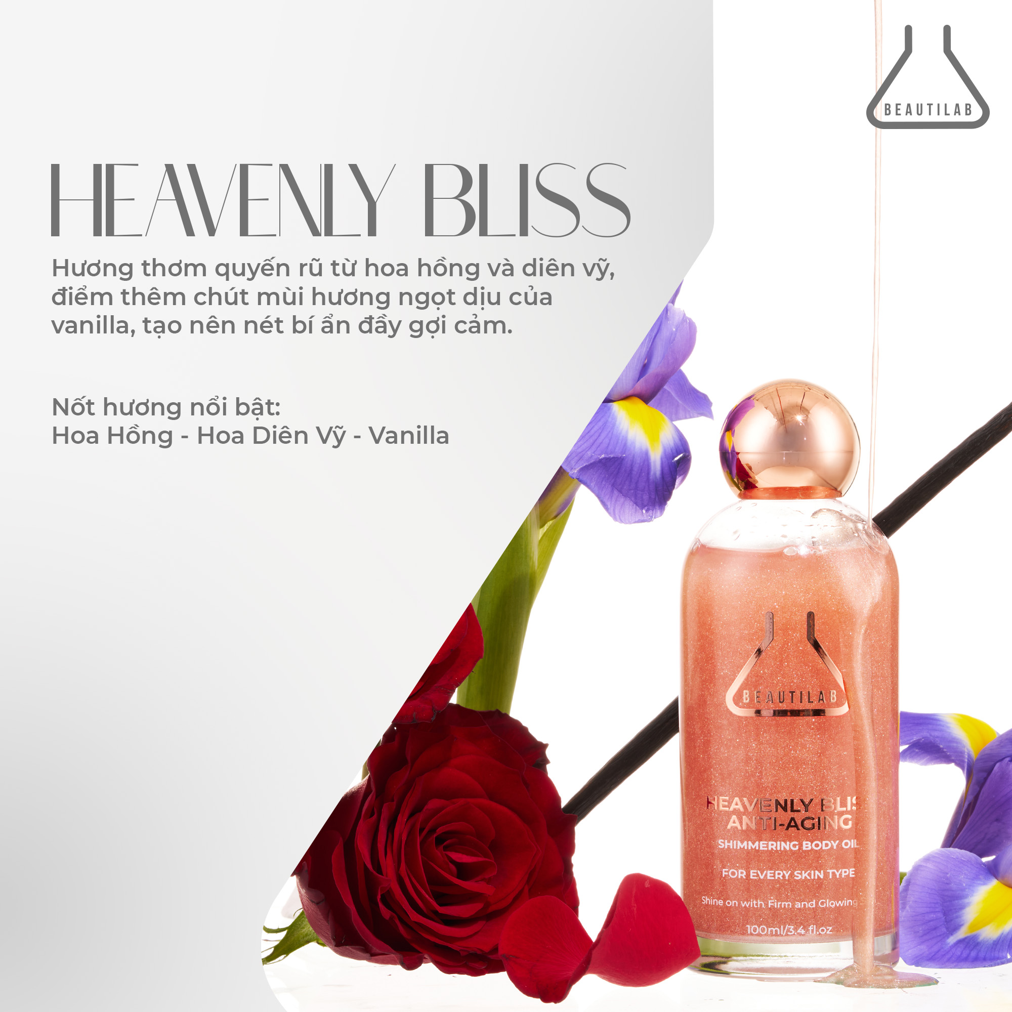 Dầu dưỡng thể dưỡng ẩm da có ánh nhũ Beautilab Anti-Aging Shimmering Body Oil 100ml