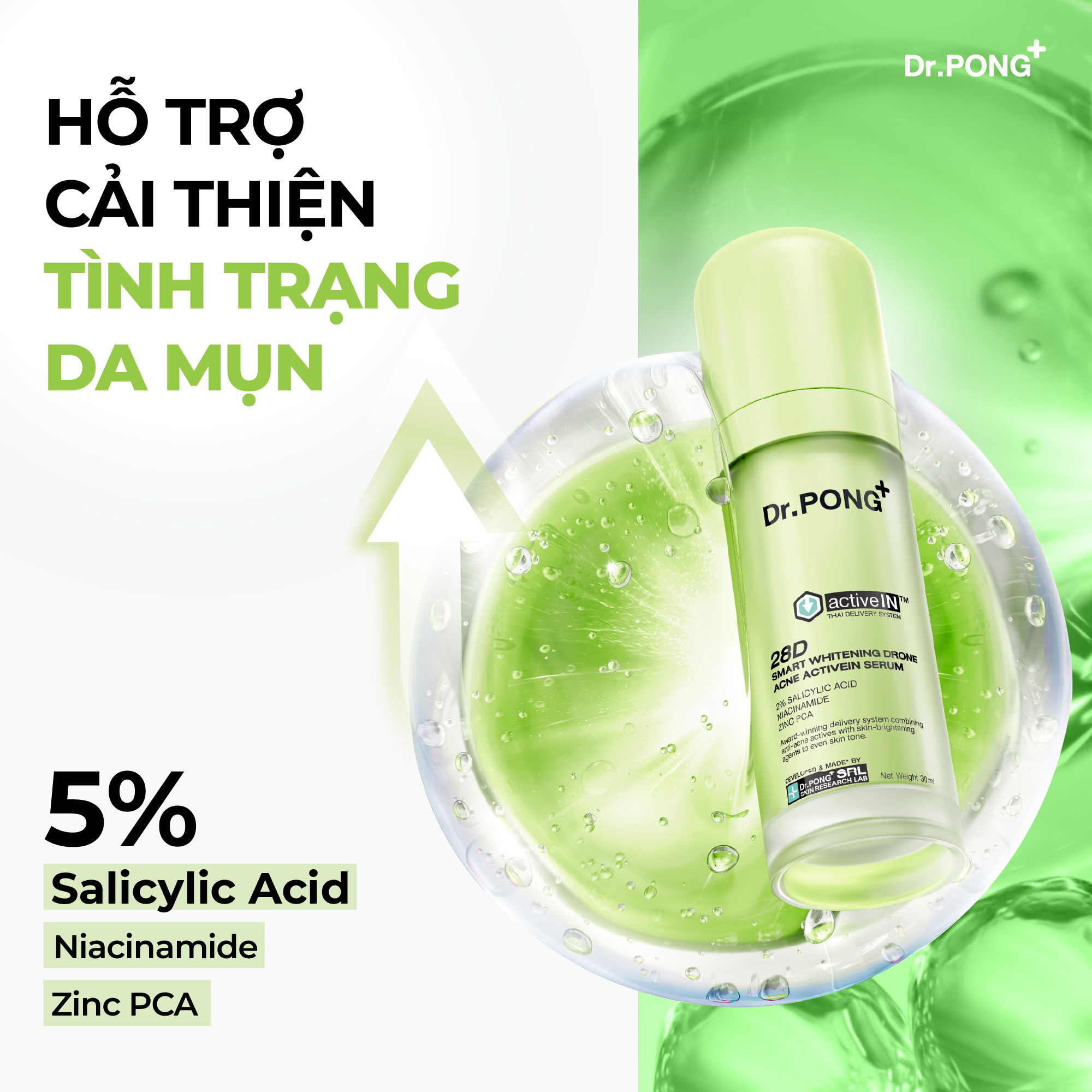 Serum hỗ trợ giảm mụn, thâm mụn Dr.PONG 28D Smart Whitening Drone Acne Activein Serum