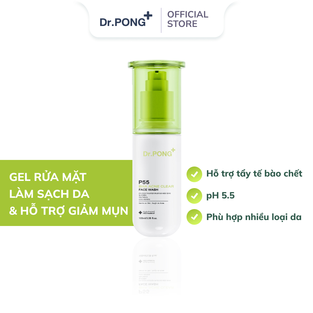 Gel rửa mặt hỗ trợ giảm mụn Dr.PONG p55 BHA Acne Clear Face Wash 100ml