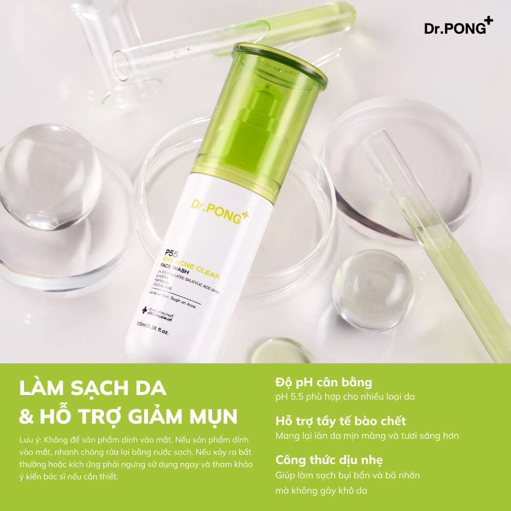 Gel rửa mặt hỗ trợ giảm mụn Dr.PONG p55 BHA Acne Clear Face Wash 100ml