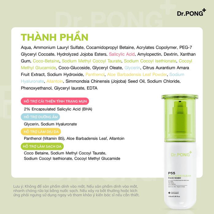 Gel rửa mặt hỗ trợ giảm mụn Dr.PONG p55 BHA Acne Clear Face Wash 100ml