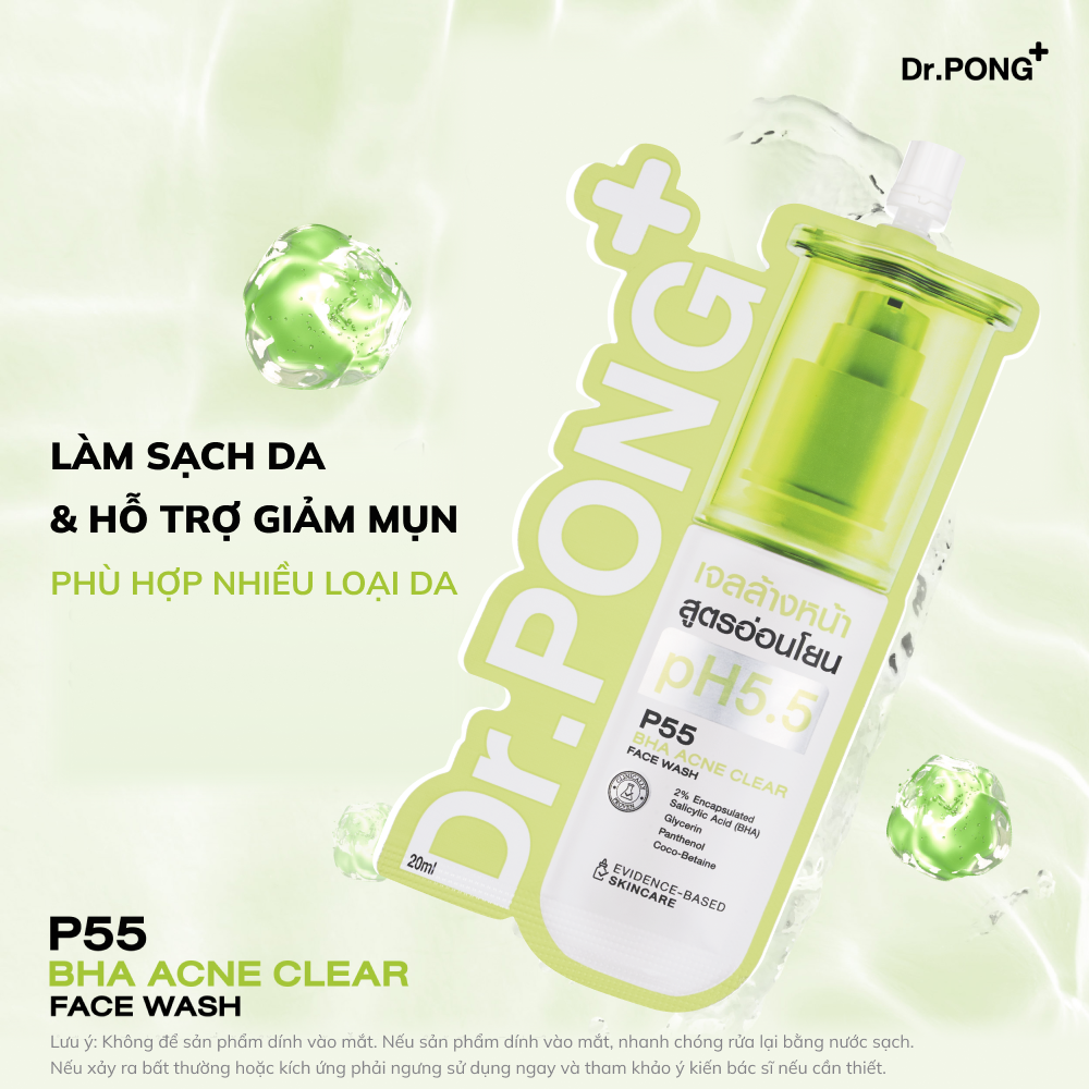 Gel rửa mặt hỗ trợ giảm mụn Dr.PONG p55 BHA Acne Clear Face Wash 20ml