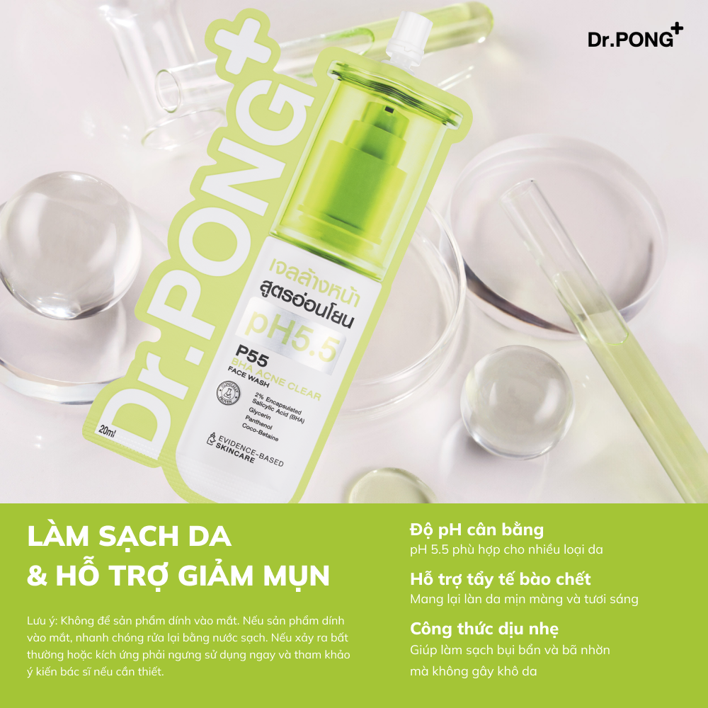 Gel rửa mặt hỗ trợ giảm mụn Dr.PONG p55 BHA Acne Clear Face Wash 20ml